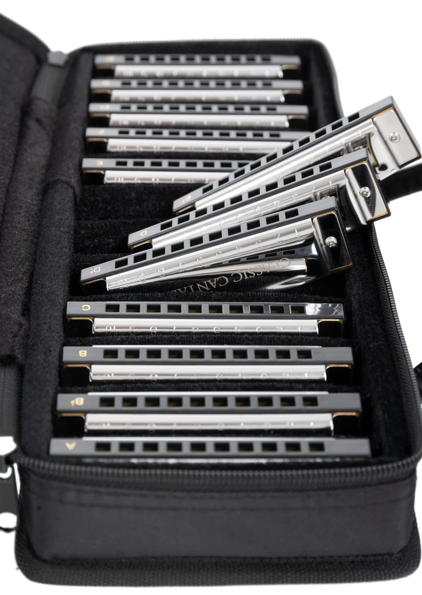 Classic Cantabile AHBS-12 Alabama Blues Harmonica 12er Mundharmonika Set - Diatonische Mundharmonikas in verschiedenen Stimmungen - 10 Messing Stimmzungen - Edelstahl-Gehäuse - Inkl. Etui & Tuch