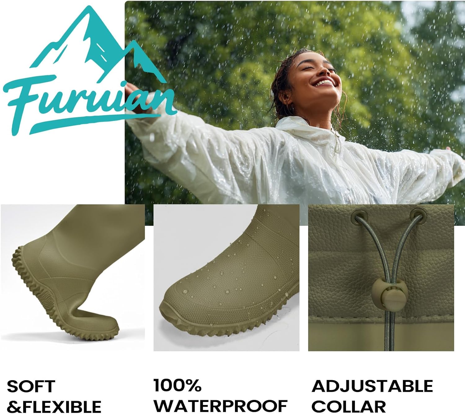 Furuian Rain Boots Women Tall Packable Garden Boots Waterproof Boots for Women Lightweight Rubber Boots Flat Mud Boots - Image 5