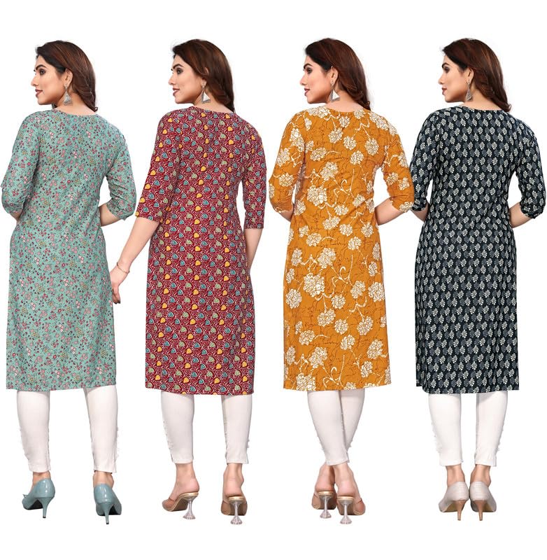 Image of JAKHANA Women's Crepe Printed Casual Straight Calf Length Round Nick Kurta Pack of 4