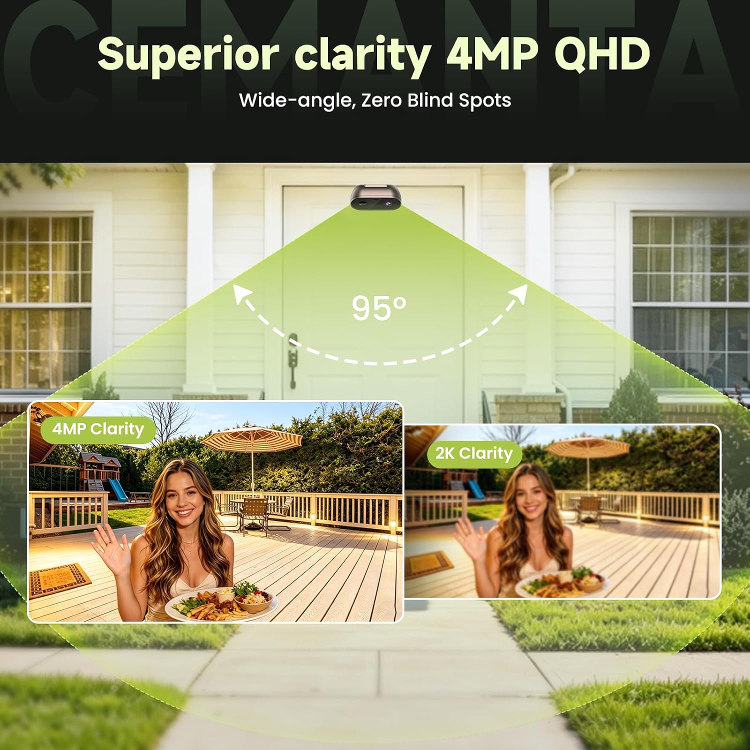 2K Indoor/Outdoor Security Camera, Wireless Doorcam for Home Surveillance, Free Cloud Storage, 2.4G/5Ghz WiFi, 2-Way Talk, AI Human Detection, Tamper-Proof, Compatible with Alexa