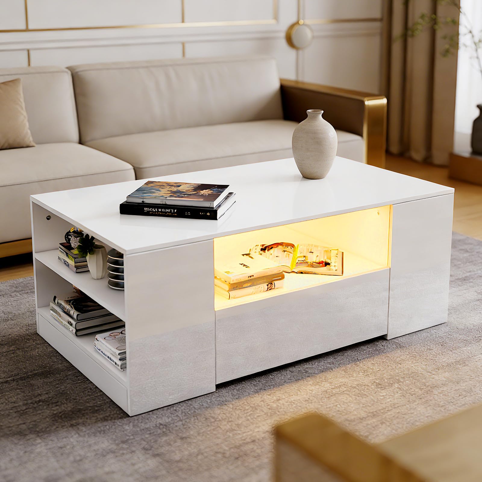 BESTWANTED Coffee Table, Table with Storage, White Gloss LED Lights, for Living Room Rectangle Centre 2 Drawers and 6 Open Shelves Home Office Furniture