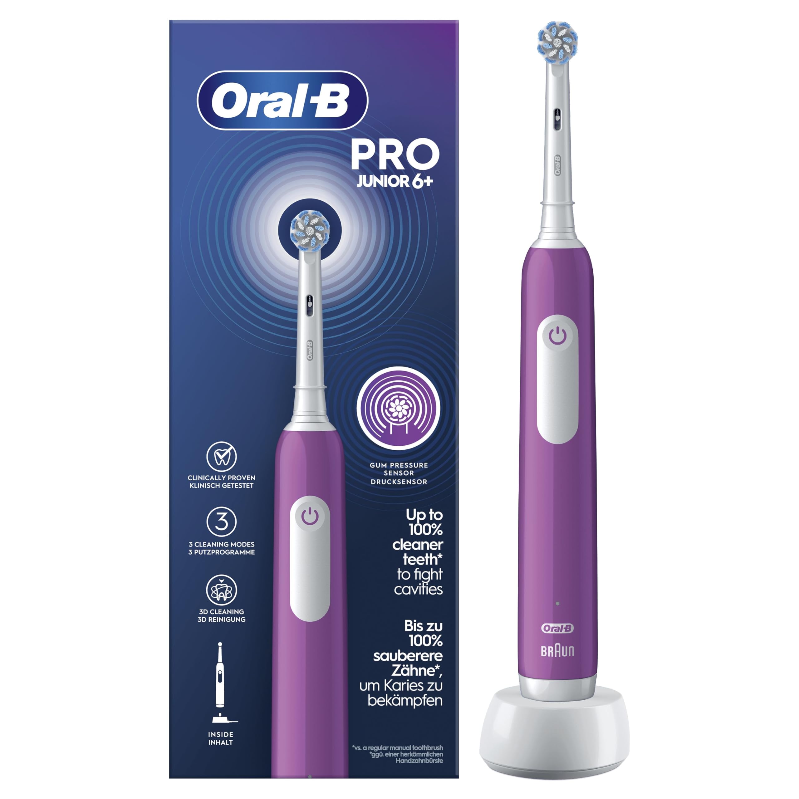 Oral-B Pro Junior Cepillo De Dientes Eléctrico, 1 Mango Morado, 1 Cabezal, Diseñado Por Braun, Apto Para Niños Mayores De 6 Años