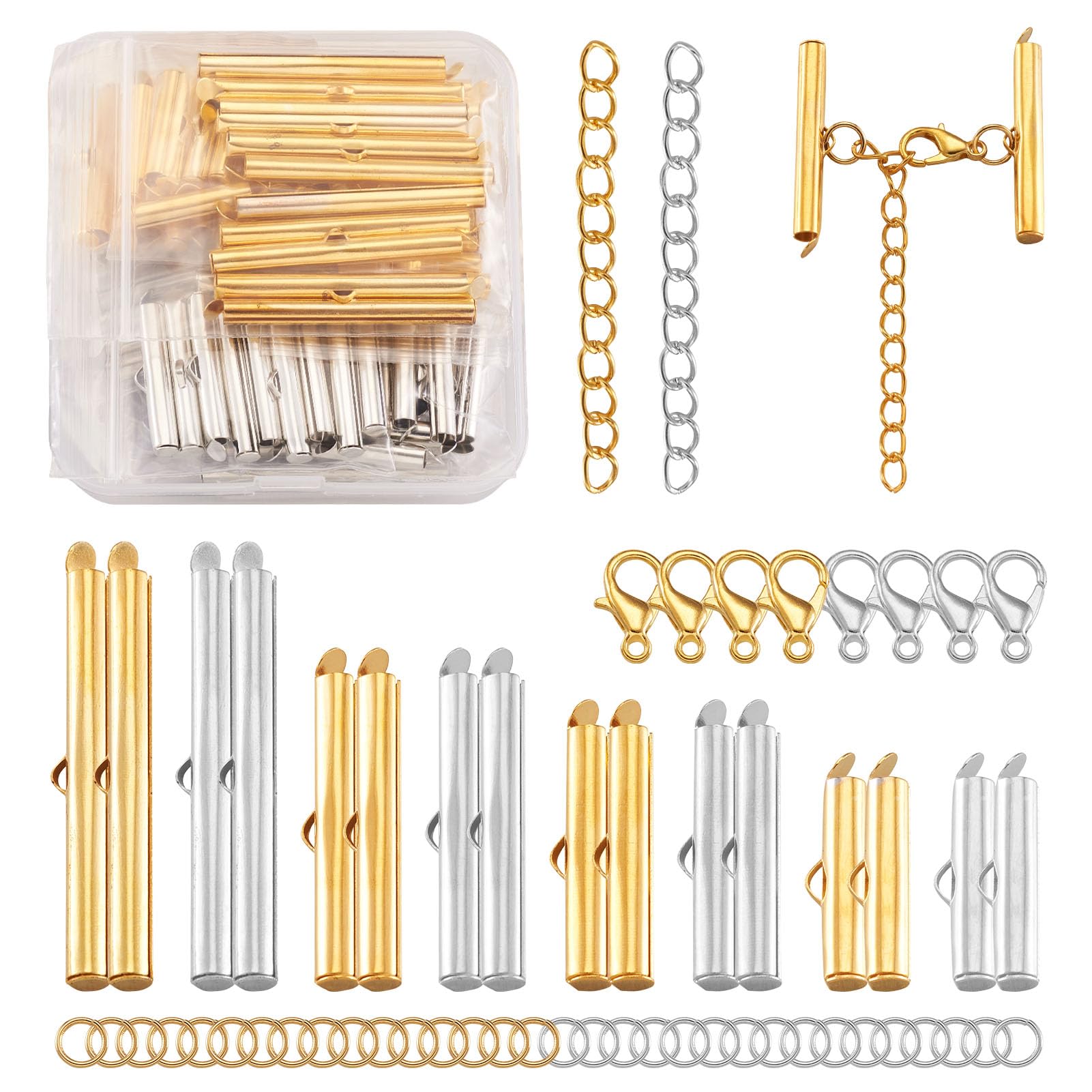 Kit 80 Fermoirs Coulissants + Chaînes Extension + Mousquetons – Lot DIY Bijoux 20-40 Mm Acier Inox Et Alliage Zinc