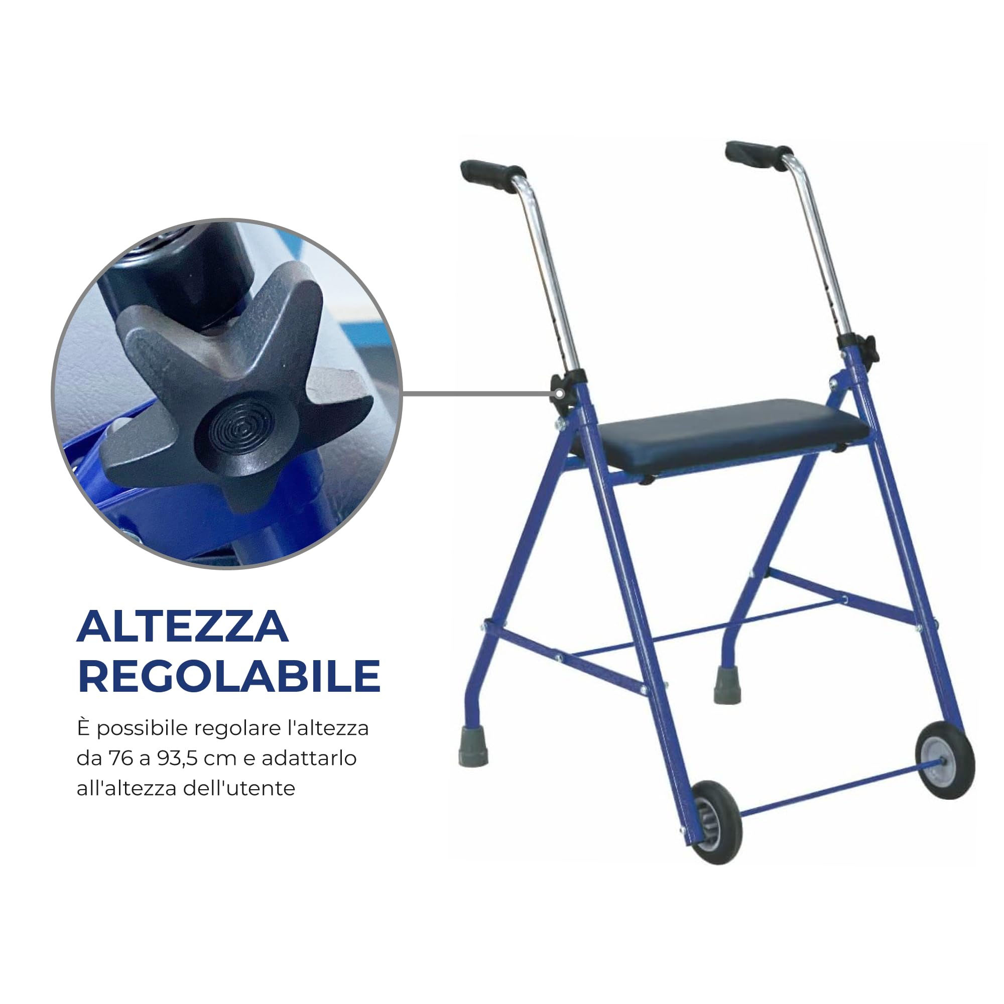 SPES Deambulatore Pieghevole con Seduta 2 Ruote per Anziani, Blu | cammina con stabilita e riposati quando serve, seduta integrata, pieghevole, regolabile, in acciaio, 2 ruote