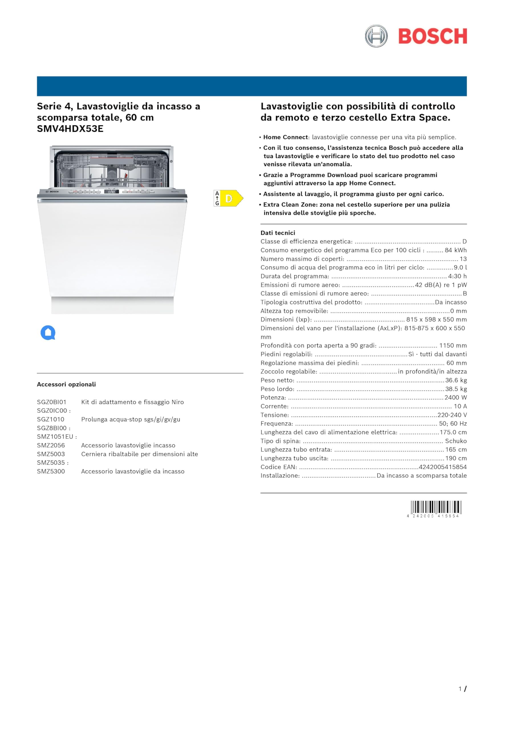Bosch SMV4HDX53E Serie 4, Lavastoviglie da incasso a scomparsa totale, Home Connect, Extra Clean zone, 3° cestello Extra Space, Diagnostica da remoto, 60 cm