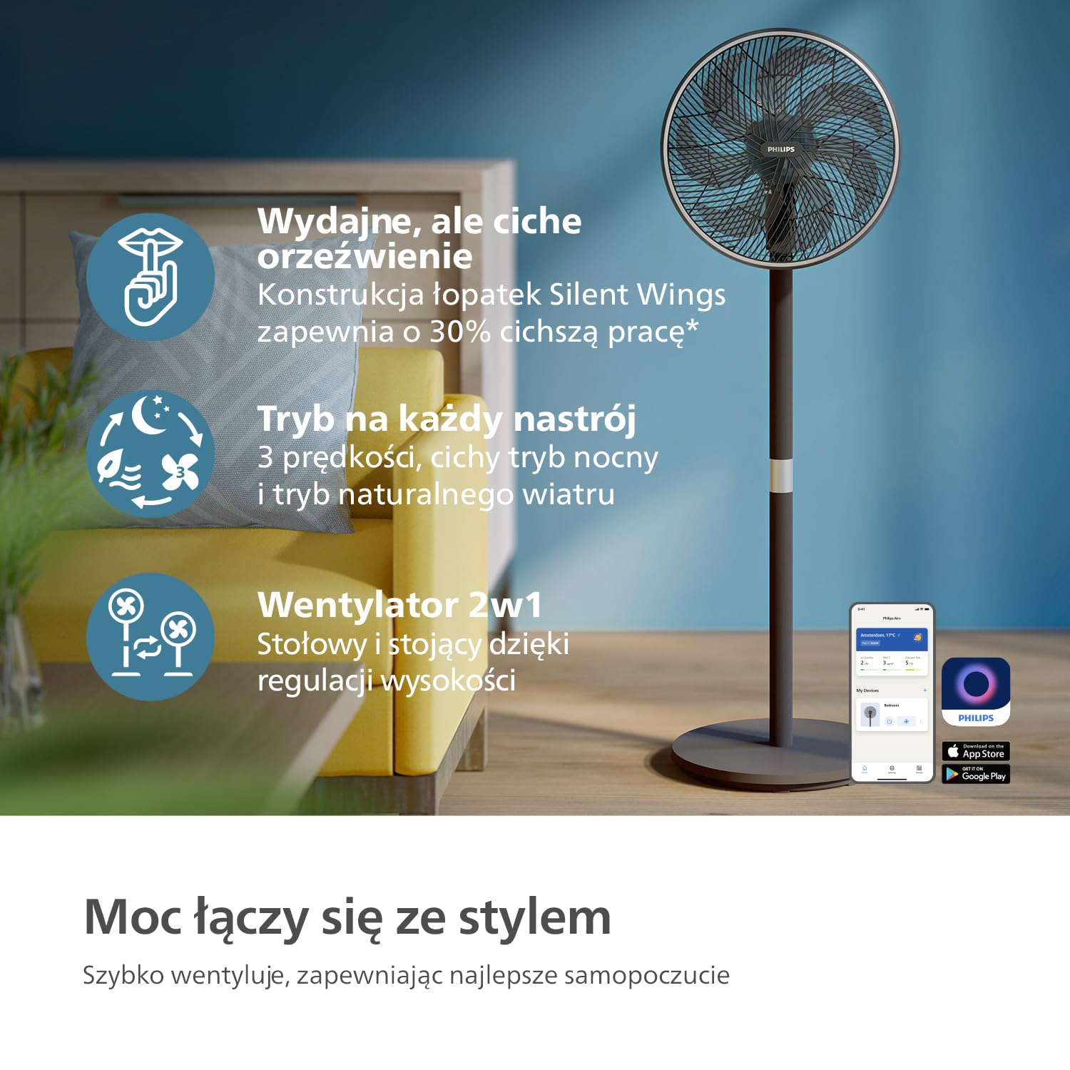 Inteligentny Wentylator Philips Seria 3000. Wydajny i Cichy Z Technologią SilentWings. 19 dB. Regulowana wysokość: wentylator Stołowy i Stojący 2w1. Odchylany i Obrotowy. Aplikacja. Czarny (CX3550/01)