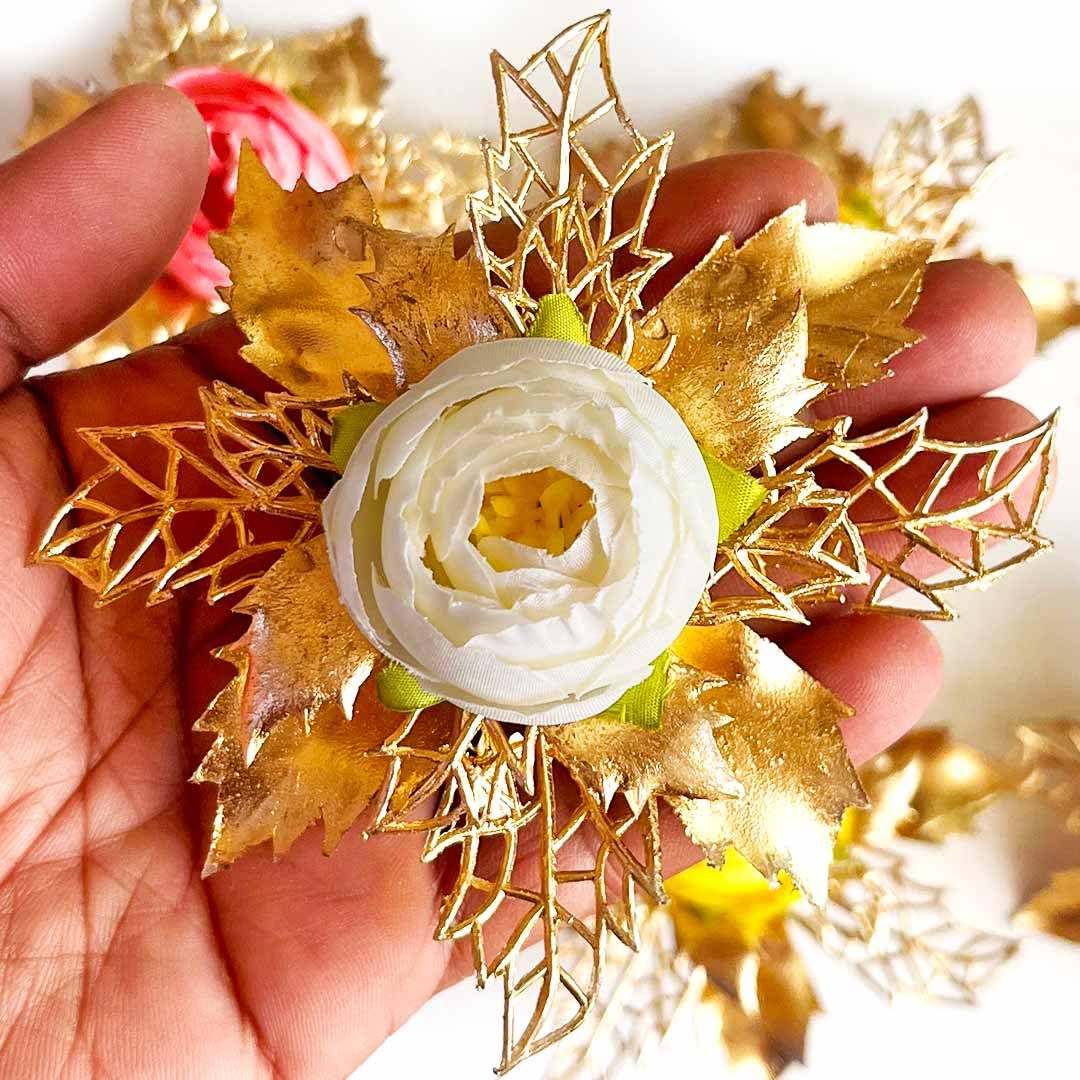 CRAFT SHOP INDIA Artificial Golden Flower Peonies Brooch for Hamper, Decoration, Gifting, Trousseau Packing | Artificial Flower Bunch Hamper (3, White)