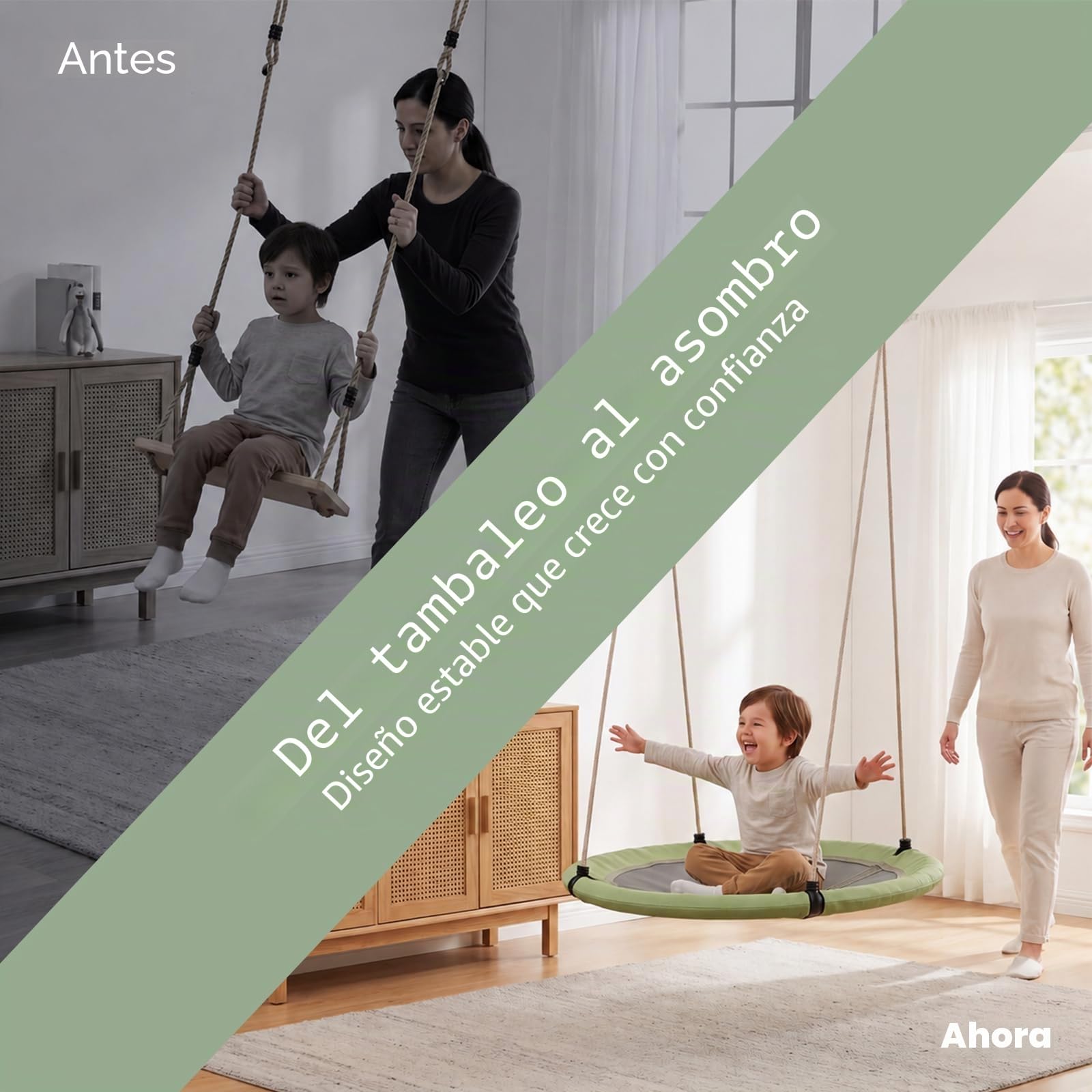 Columpio Nido 120 cm para Niños y Adultos, Columpio de Jardín Exterior e Interior con Cuerda Ajustable, Gran Resistencia hasta 300 kg, Asiento Redondo Robusto y Segurom, Verde grisáceo