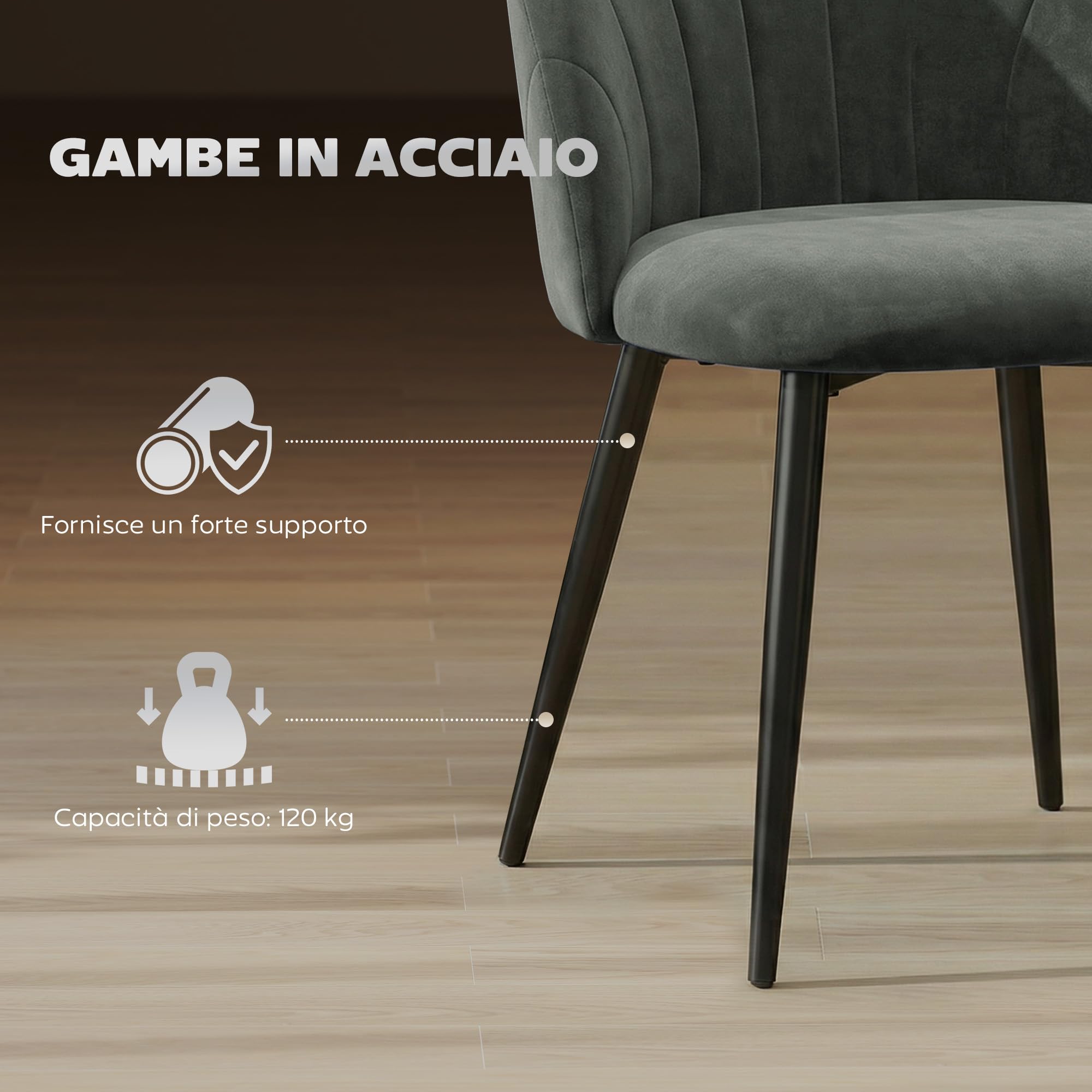 HOMCOM Set di 2 Sedie Sala da Pranzo in Velluto, Sedie Cucina con Schienale Curvo a Conchiglia, Gambe in Acciaio, Stile Nordico, Sedia Imbottita per Cucina, Camera da Letto, Soggiorno, Grigio