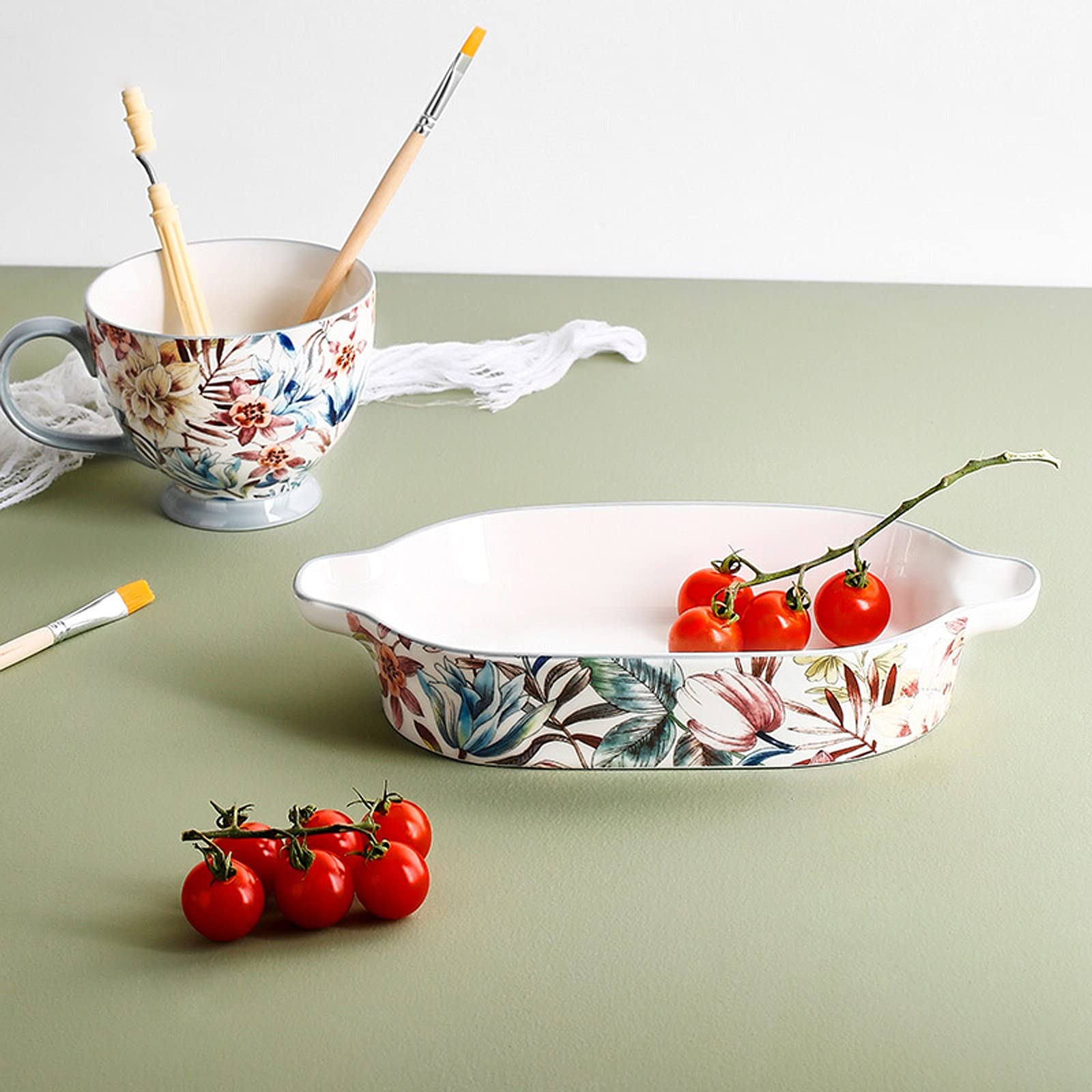 Fuente para Hornear Cerámica Bakeware/Baker Set, Piedra de Porcelana Small Oval Au Gratin Sartenes, Plato para Hornear con Mango Doble para Cocina y hogar, 10.75 Pulgadas Bandejas Horno