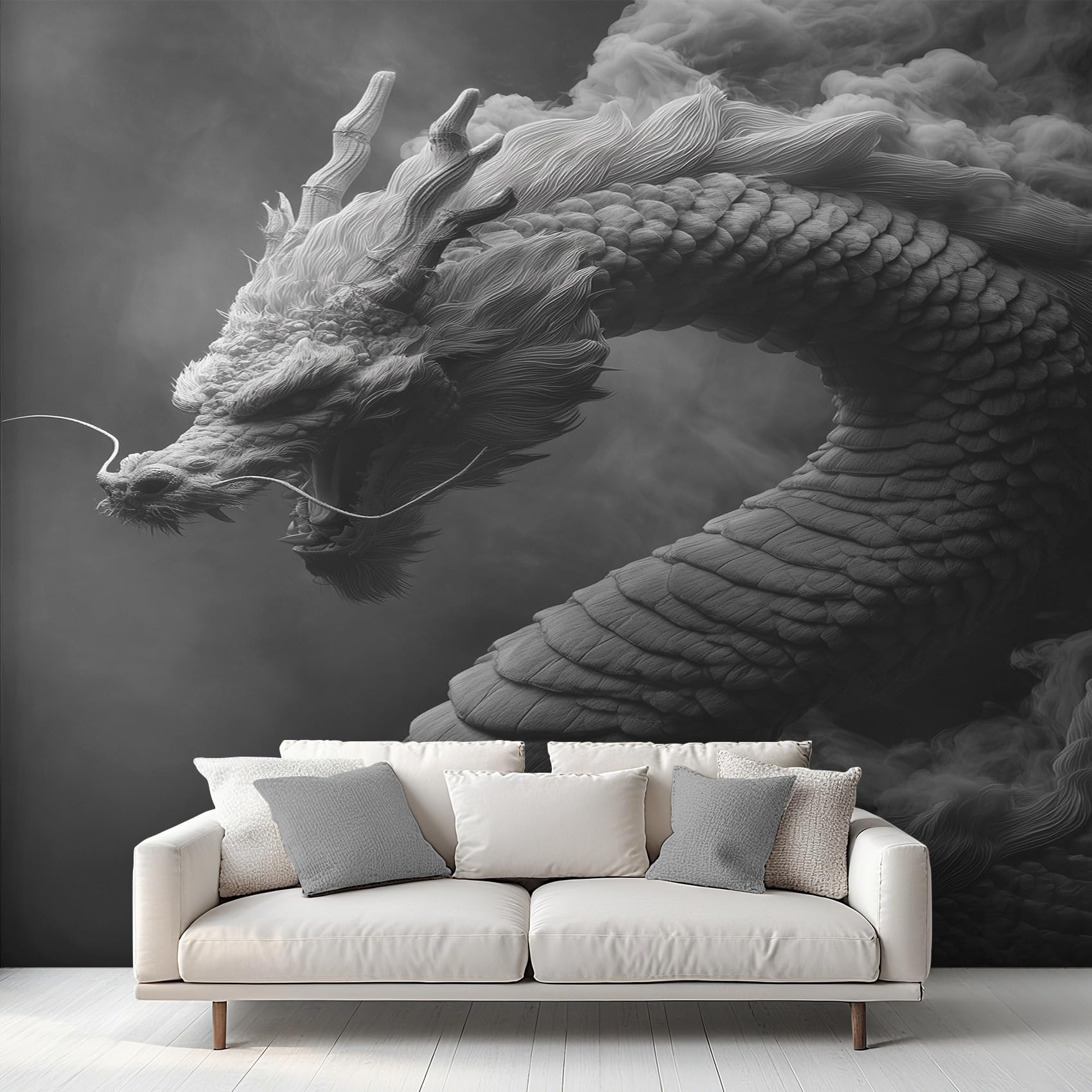 Fresque murale dragon noir et blanc haut de gamme en intissé épais pour salon