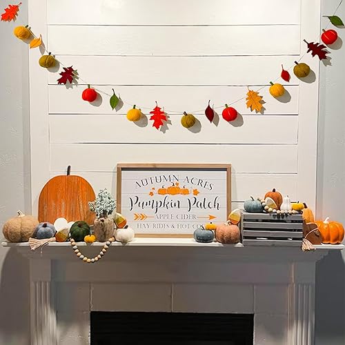 Miniatura 5 de Guirnalda de calabaza de fieltro con hojas de arce, guirnalda de fieltro de otoño de 78 pulgadas, guirnalda de pompones de otoño para manto, Acción
