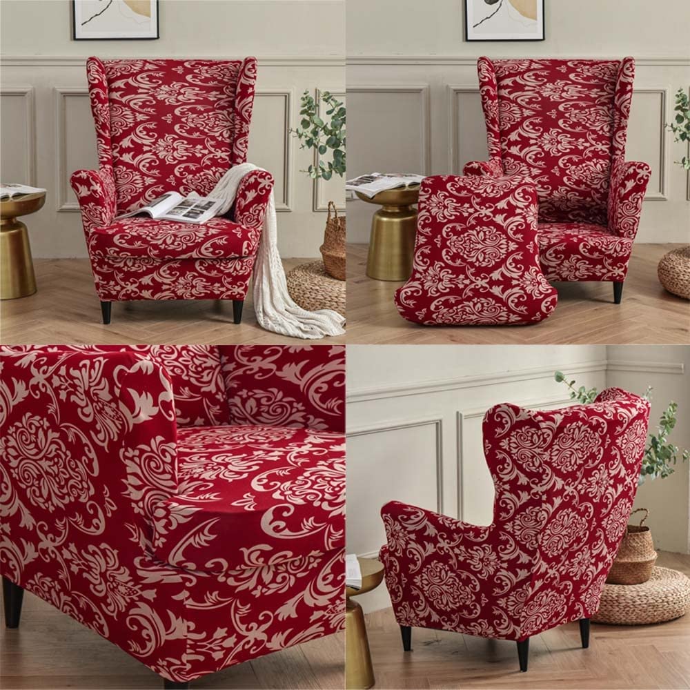 2 Pezzi Copripoltrona Con Orecchie Elasticizzato: Fodera Per Sedia E Pouf, Lavabile, Per Soggiorno - 4