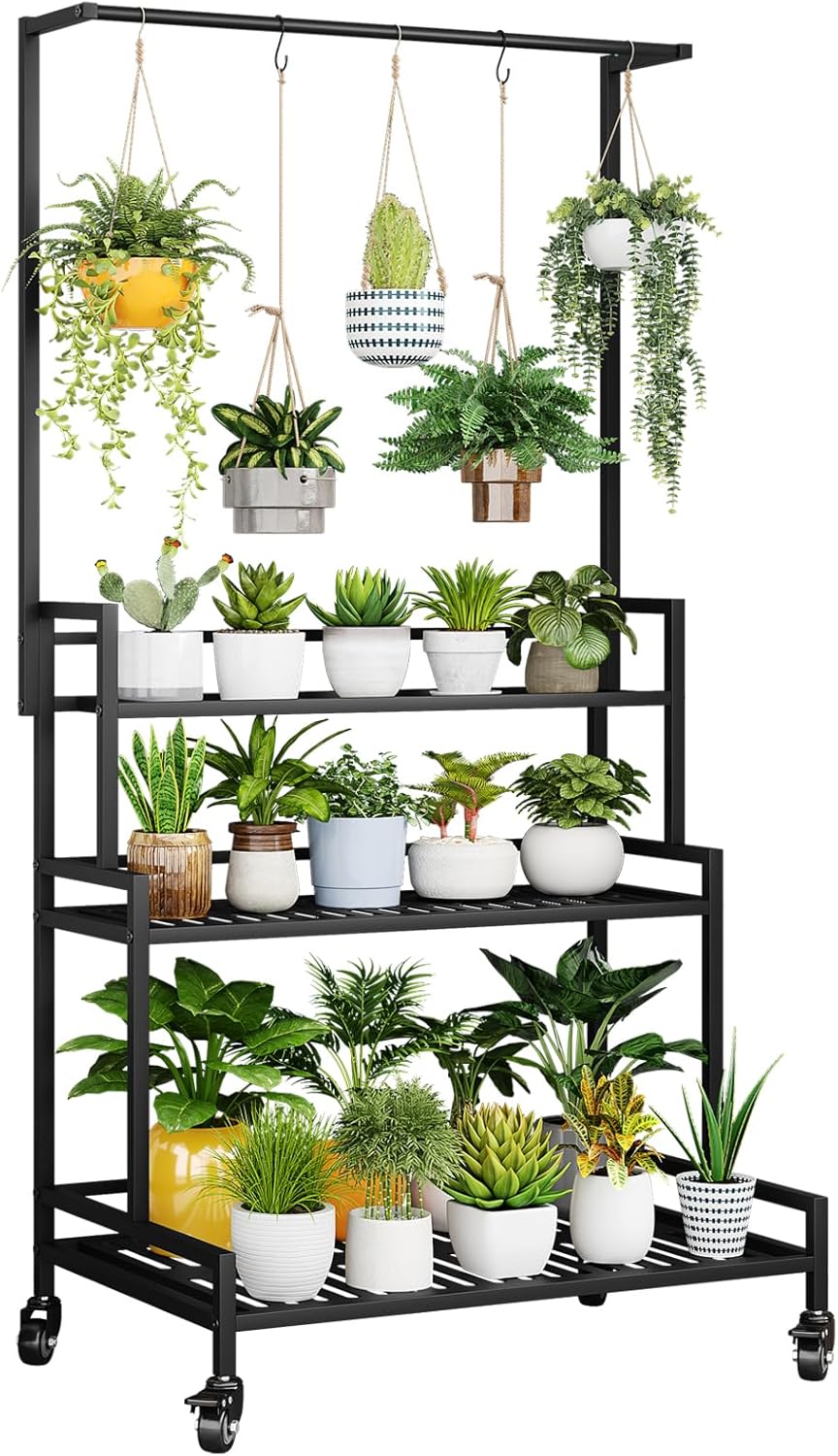 Plant Stand Indoor 3 Tier Metal Outdoor Tiered Stands Shelf With wheel for Multiple Plants Potted Ladder Plant Holder Table Plant Pot Stand for Window Garden Balcony Living Room (3 Tier-Black)