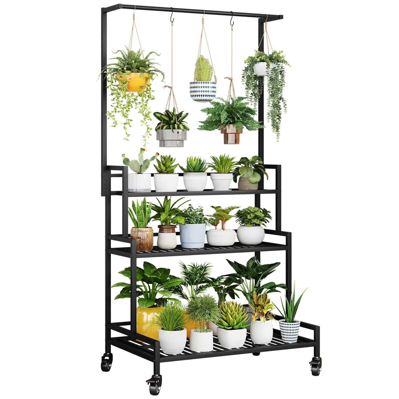 YIZAJIA Plant Stand Indoor 3 Tier Metal Outdoor Tiered Stands Shelf With wheel for Multiple Plants Potted Ladder Plant Holder Table Plant Pot Stand
