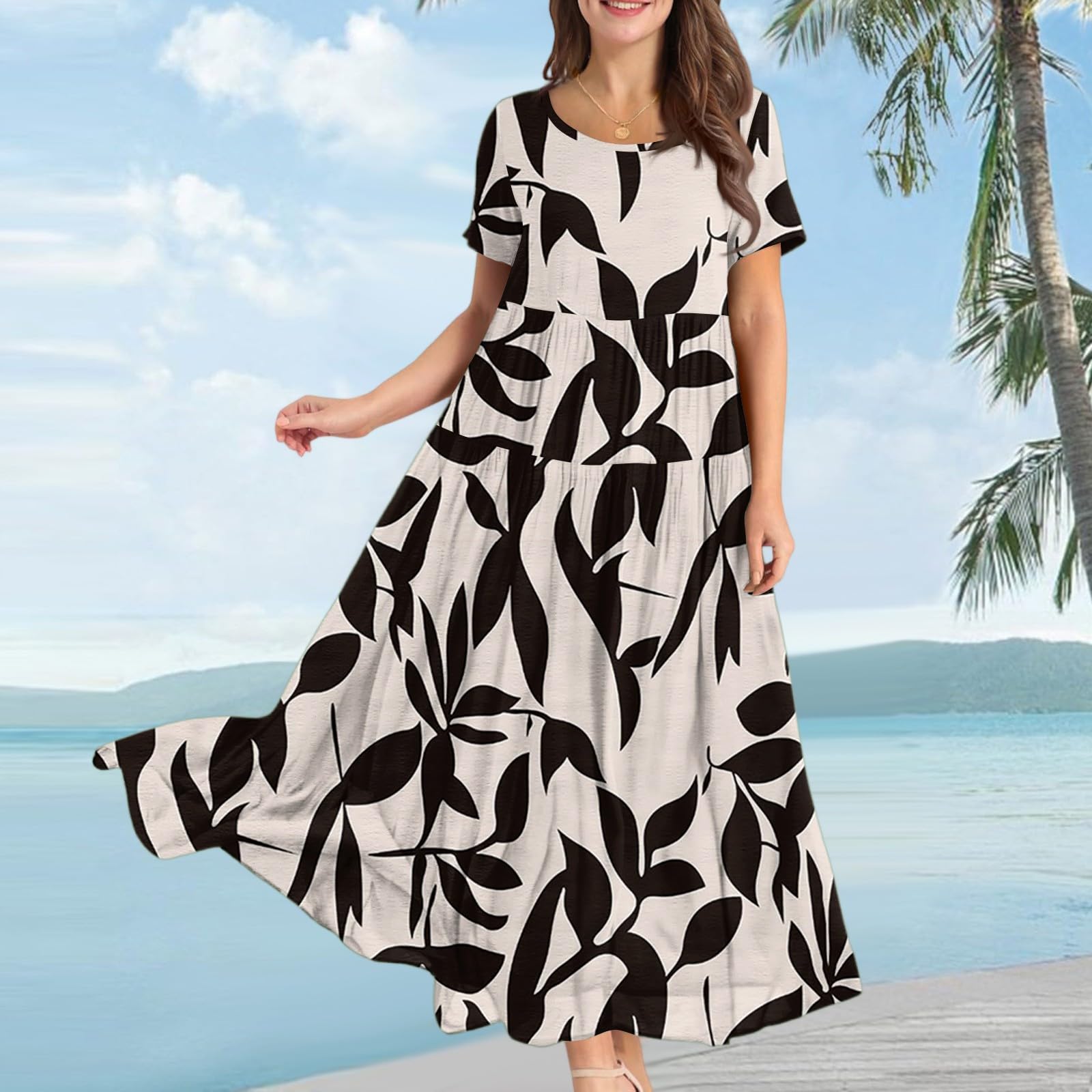Maxikleider Damen Sommer mit Ärmel Elegante Kleider Damen Blumen Sommerkleider Leicht Und Luftig Kurzarm Sommerkleid Kleid Frauen A Linie Blumenkleid Locker Schwingen Damenkleider