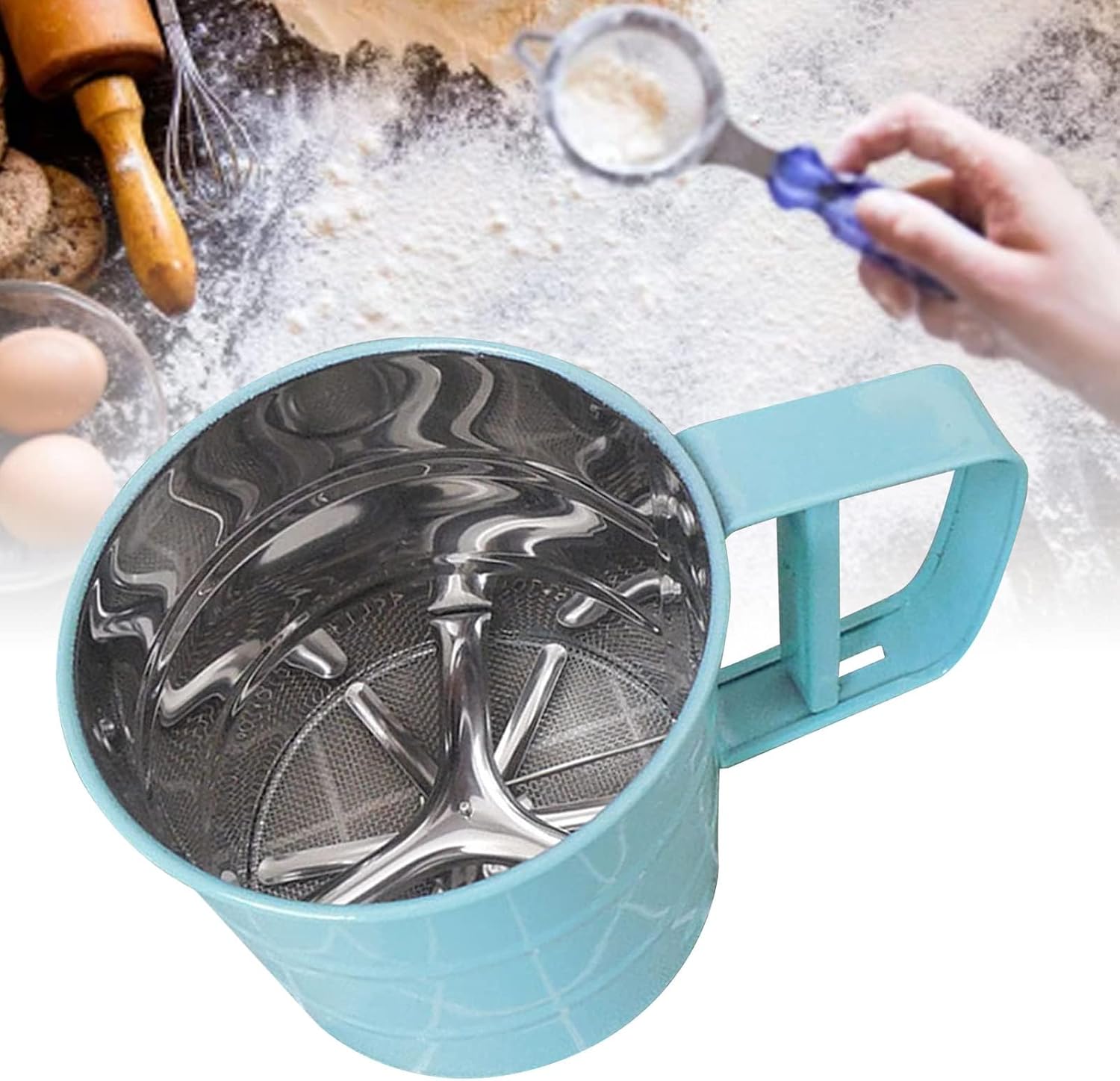 Stainless Steel Sifter for Baking, One Hand Press Crank Sifter for Powdered Sugar Shaker Duster Flour Sieve Fine Mesh Pastry Sieve Cup for Quick Sifting (Blue)