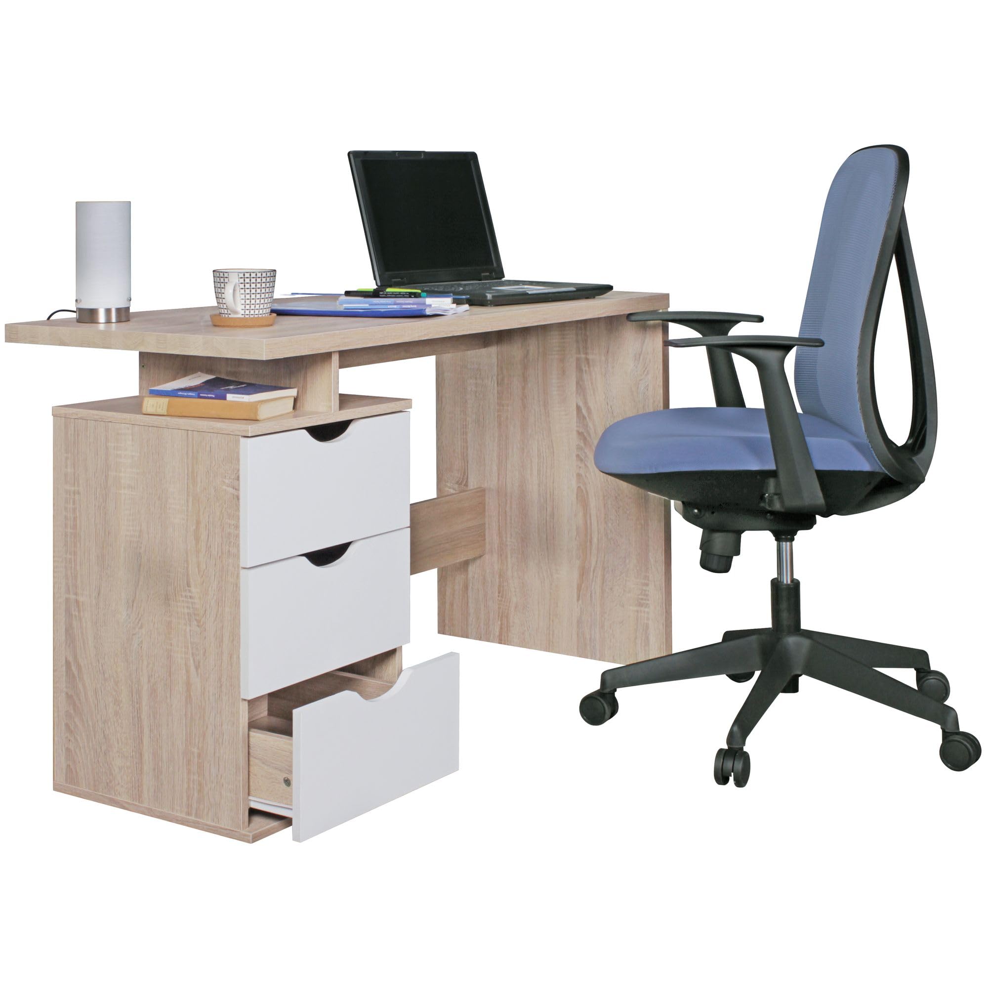 FineBuy Bureau MASSA 120x53x76 cm Sonoma Blanc, 3 Tiroirs | table d'ordinateur pour ados, table pour ordinateur portable gain de place poignées encastrées
