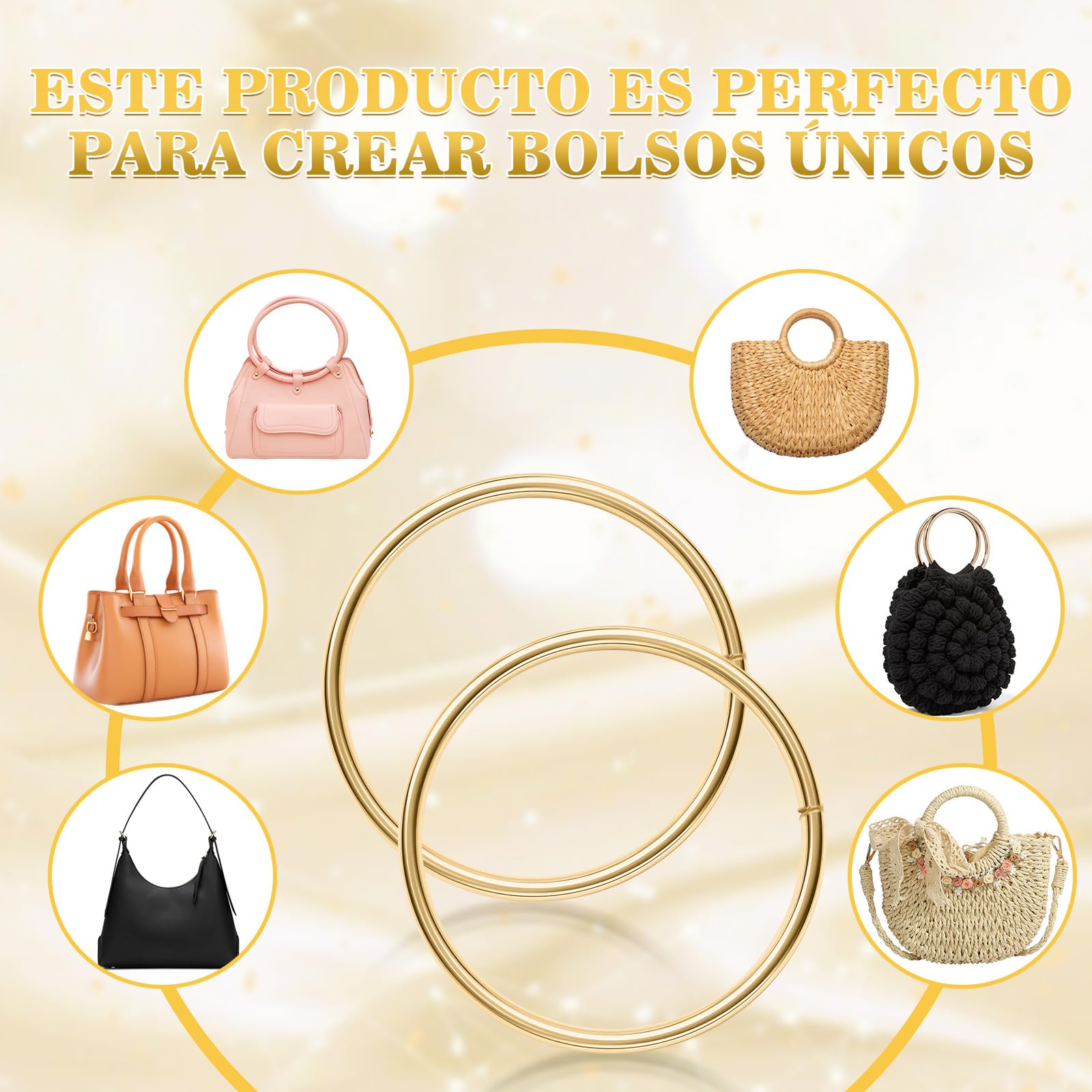 KASURE 8 x Asas de Bolso, Diá 10cm(4) & Diá 11.5cm(4) Asas para Bolsos Redondas, Asas de Equipaje para Hacer Bolsas Marco Bolso Hecho a Mano Ganchillo Artesanales Bricolaje (Luz de oro)