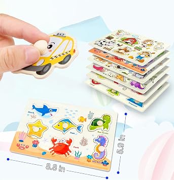 Wooden Peg Puzzle for 2+ year olds, 8Pcs Baby Peg Puzzles 1+, Learning Puzzles Set- Dinosaur, Farm, Sea, Animals, Fruits, Shape, Vegetable, Insect Great Preschool Gifts for Girls Boys