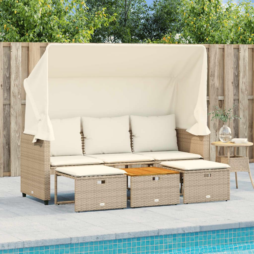 Solivagant Canapé de Jardin 3 Places avec auvent et tabourets Beige rotin,(30 KG)
