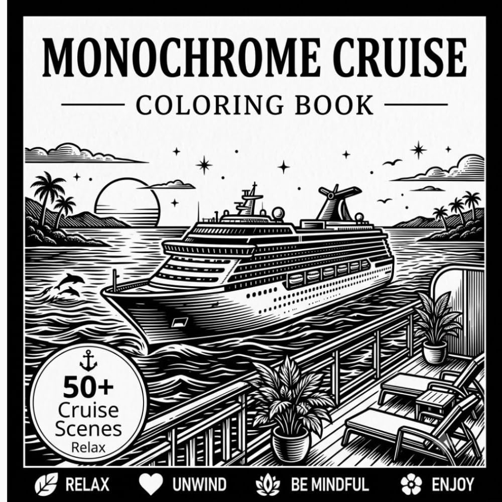 Cruise Monochrome Coloring Book: One Color Cruise Scenes Easy, Cozy, and Relaxing
