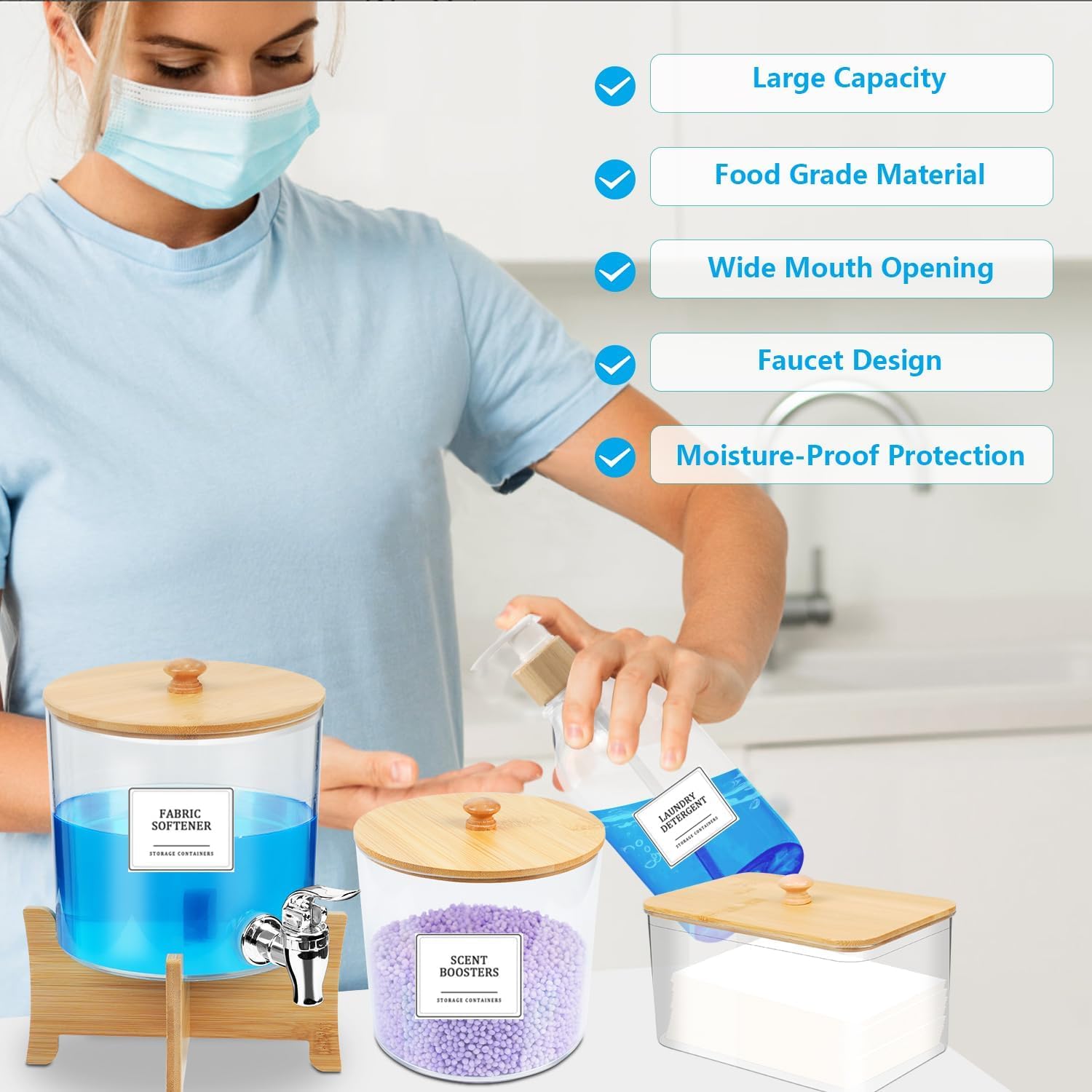 Liquid Laundry Detergent Dispenser, 10 Set Laundry Room Organization Laundry Pods Container & Dryer Sheet Holder with Lids & Labels, Fabric Softener Dispenser for Detergent Powder Dryer Balls Beads