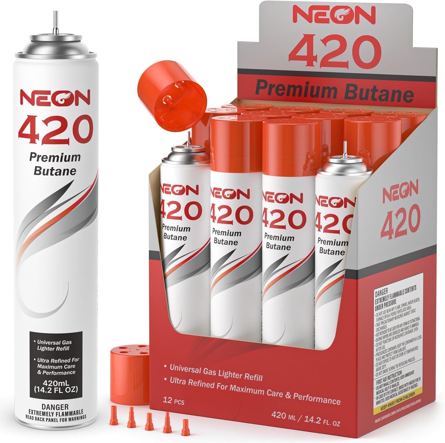 NEON Butane Refill 420ml, 11X Ultra Refined 0 Impurities Butane Fuel, Premium Universal Lighter Fluid with Metal Nozzle and 5 Butane Gas Refill Adapters for Refillable Lighters and Torches, 4 Cans