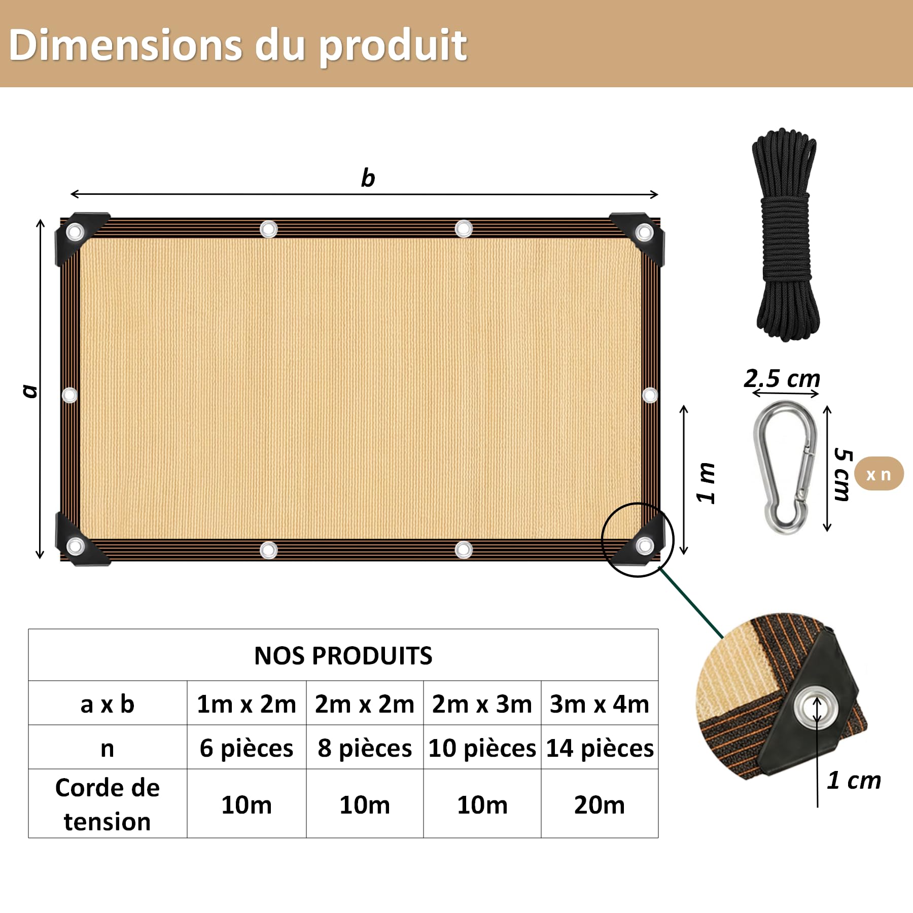 Filet Ombrage 3x4m Beige - Toile Haute Densité, Taux Ombrage 95% - Voile Rectangulaire avec Mousquetons & Corde 20m pour Serre, Jardin, Terrasse, Plantes