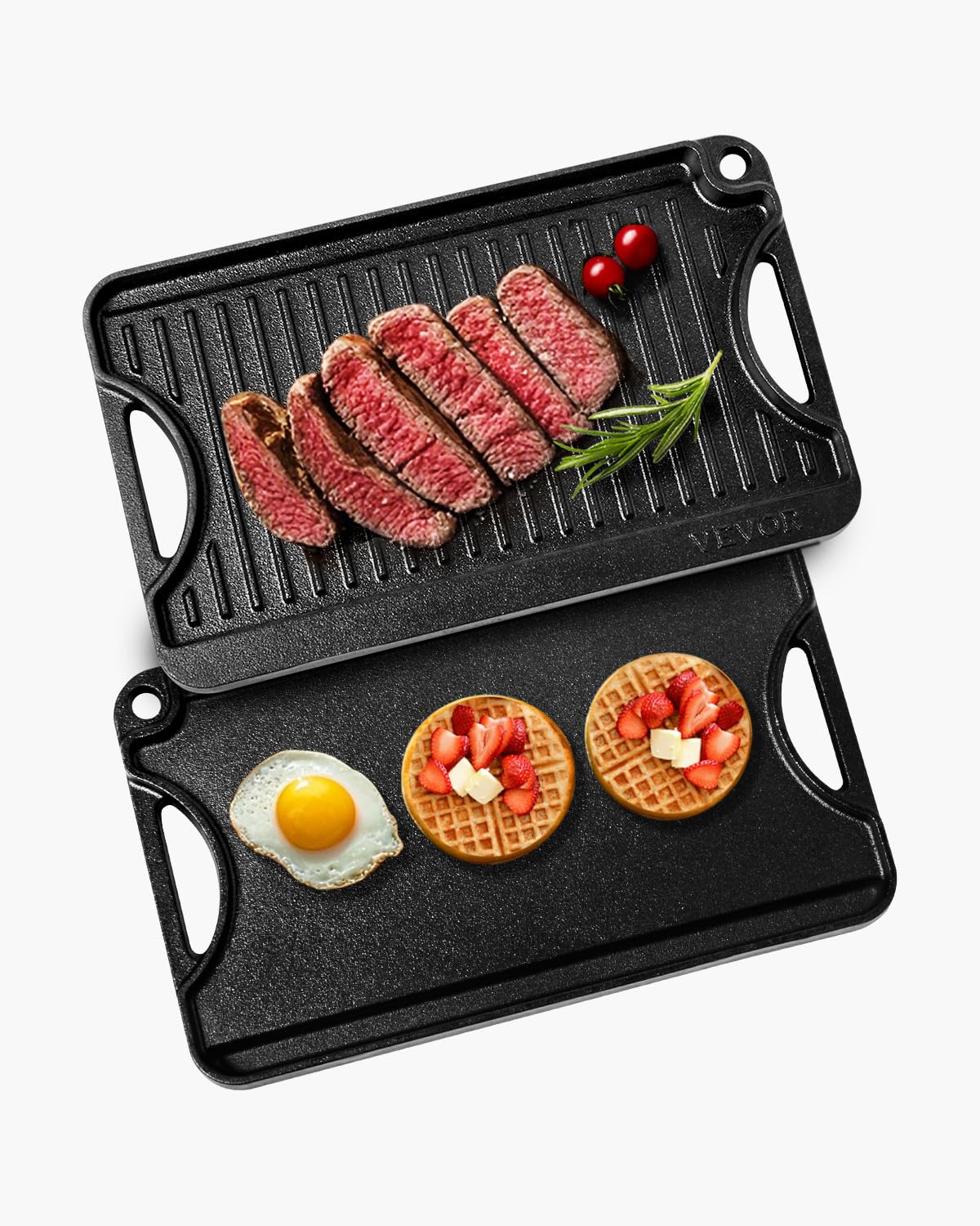 VEVOR Reversible Grill/Griddle, 14x8.5 inch Pre-Seasoned Cast Iron Griddle, Portable Rectangular Pan with Handle, Family