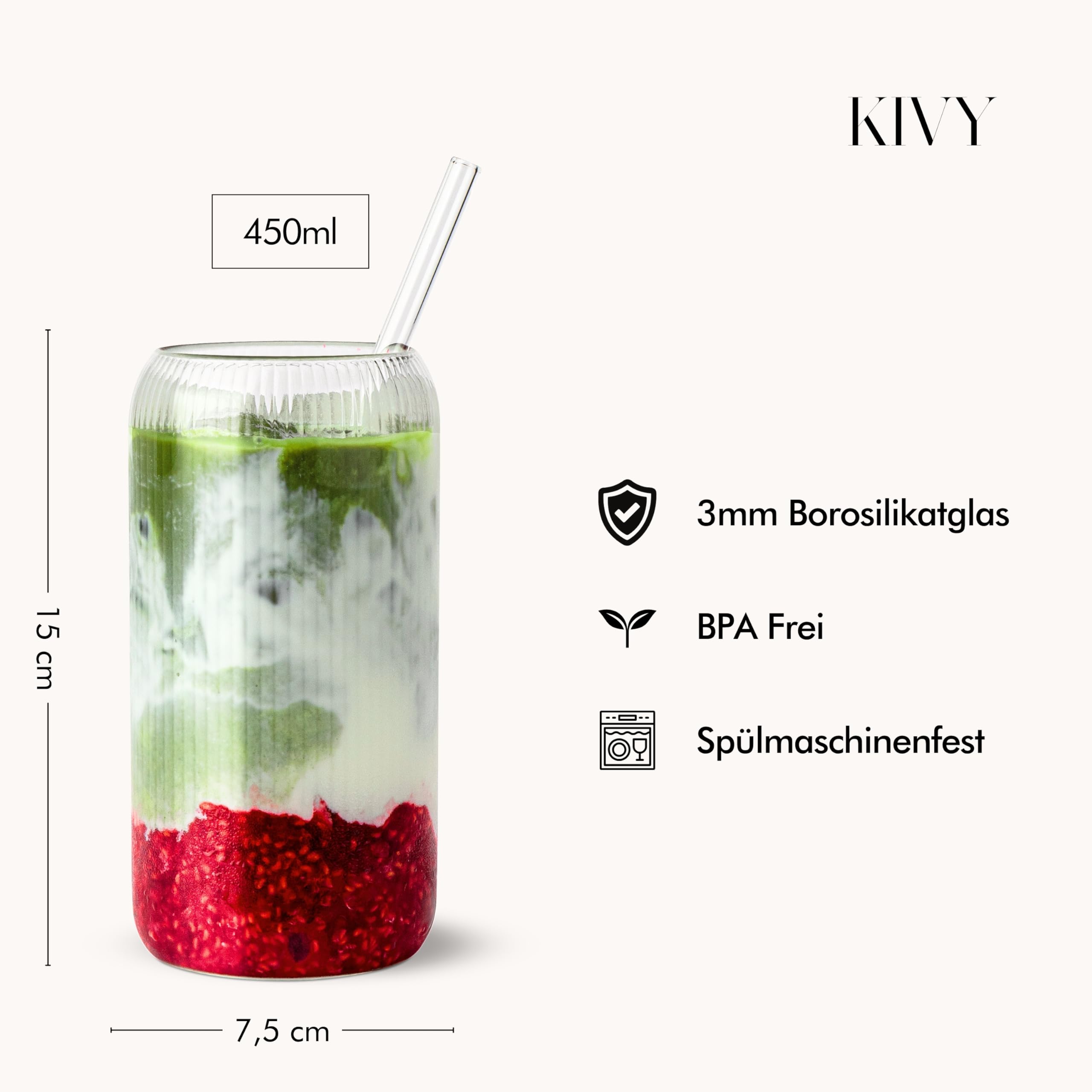 KIVY Zestaw 4 słoików ze słomką – Szklanki ryflowane Aesthetic – Iced Matcha – Szklanki do kawy mrożonej – 4 x 450 ml
