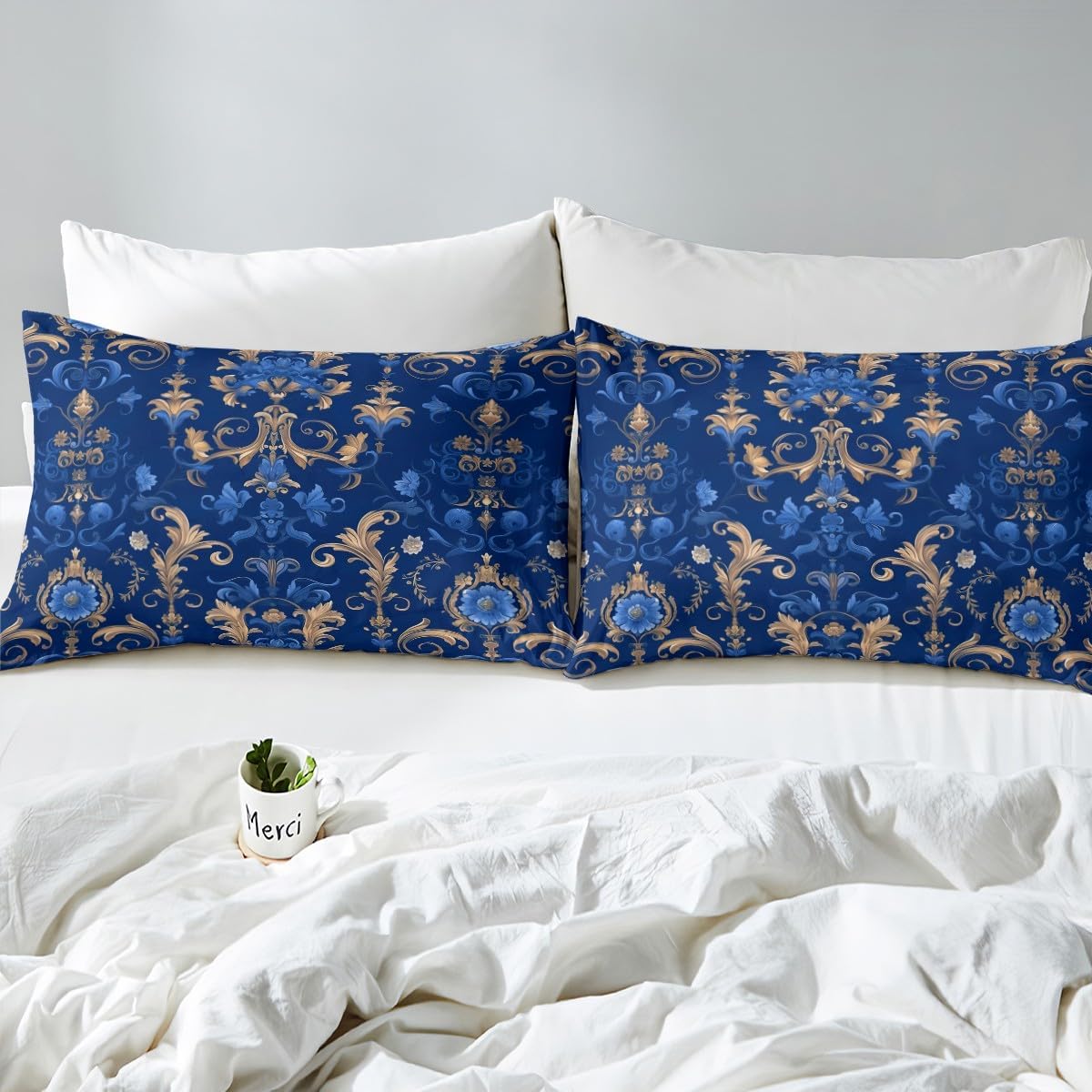 Erosebridal Baroque Damask Fitted Sheet Blue Golden Gothic Vintage Floral Bed Sheets Full Bohemian Exotic Bedding Set for Women Men Luxury Jacquard Damask Bed Cover 3 Pcs Antique Victorian Style