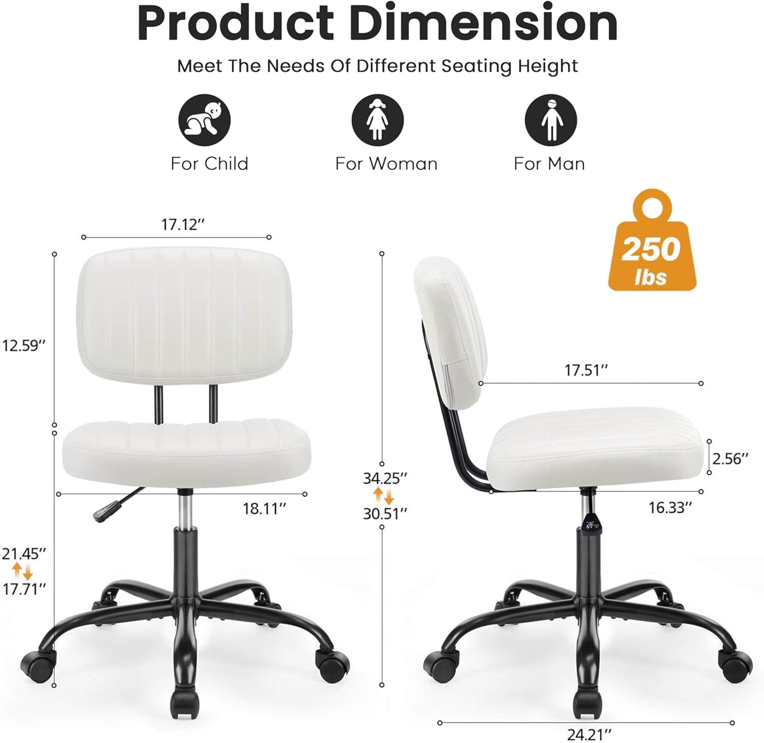 Simple Deluxe Small Desk Chair, Armless Office Chair with Wheels, PU Leather Comfy Computer Task Swivel Vanity Rolling Chairs No Arms for Small Space, Home Office, Beige White