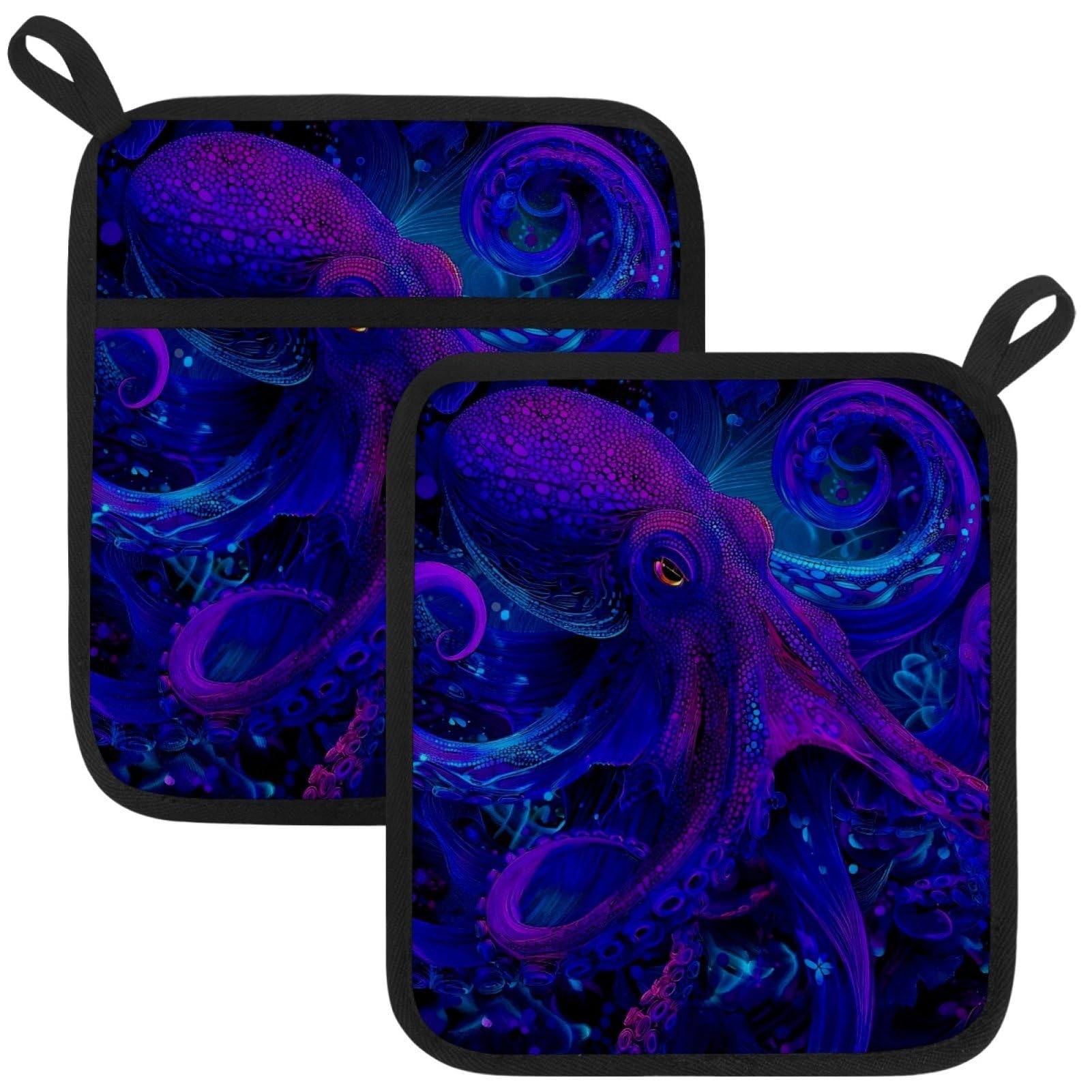 VAPOKF Purple Octopus Pot Holders with Pocket for Kitchen Heat Resistant Potholders Large Polyester-Cotton Square Oven Mitts Set