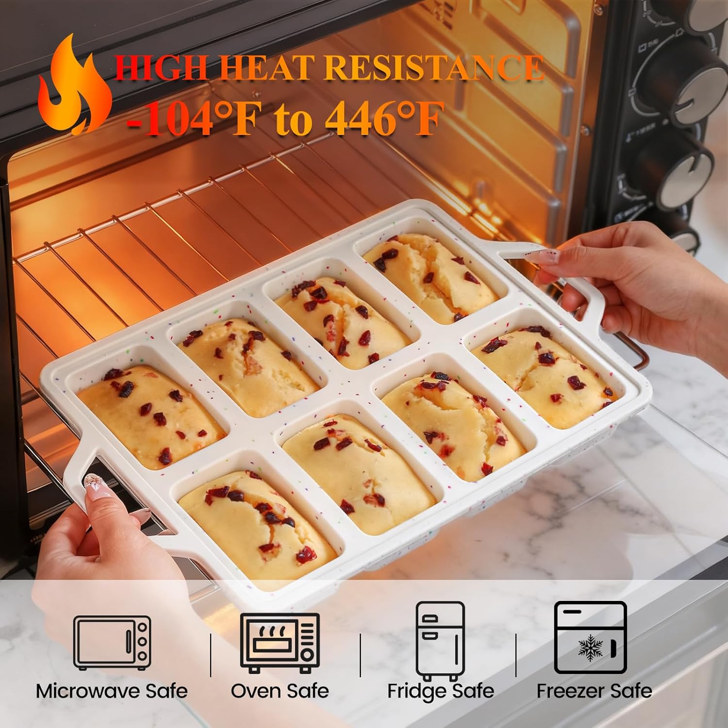 FUNBAKY Metal Reinforced Silicone Mini Loaf Pan, 8-Cavity Nonstick Mini Bread Pans for Baking Bread, Cakes, Brownies, Meatloaf, Jellies Oven Dishwasher Safe - Image 5