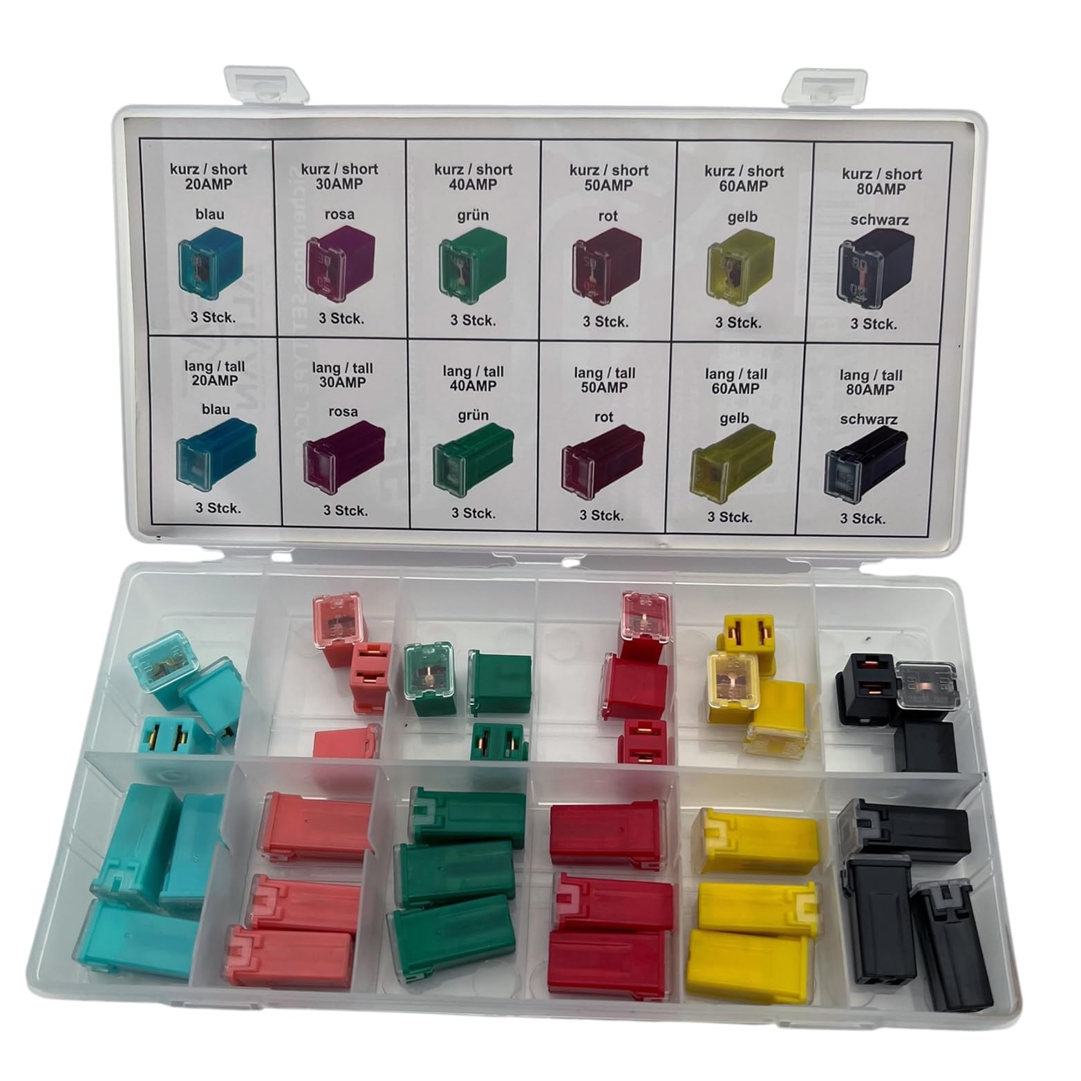 Alkan JCase Blocksicherungen Sortiment 36-tlg. | 20A, 30A, 40A, 50A, 60A und 80A | Niedrigprofil (Low) & Hochprofil (Tall) | KFZ Sicherungen 12V-24V für Auto, LKW, Boot | in Aufbewahrungsbox