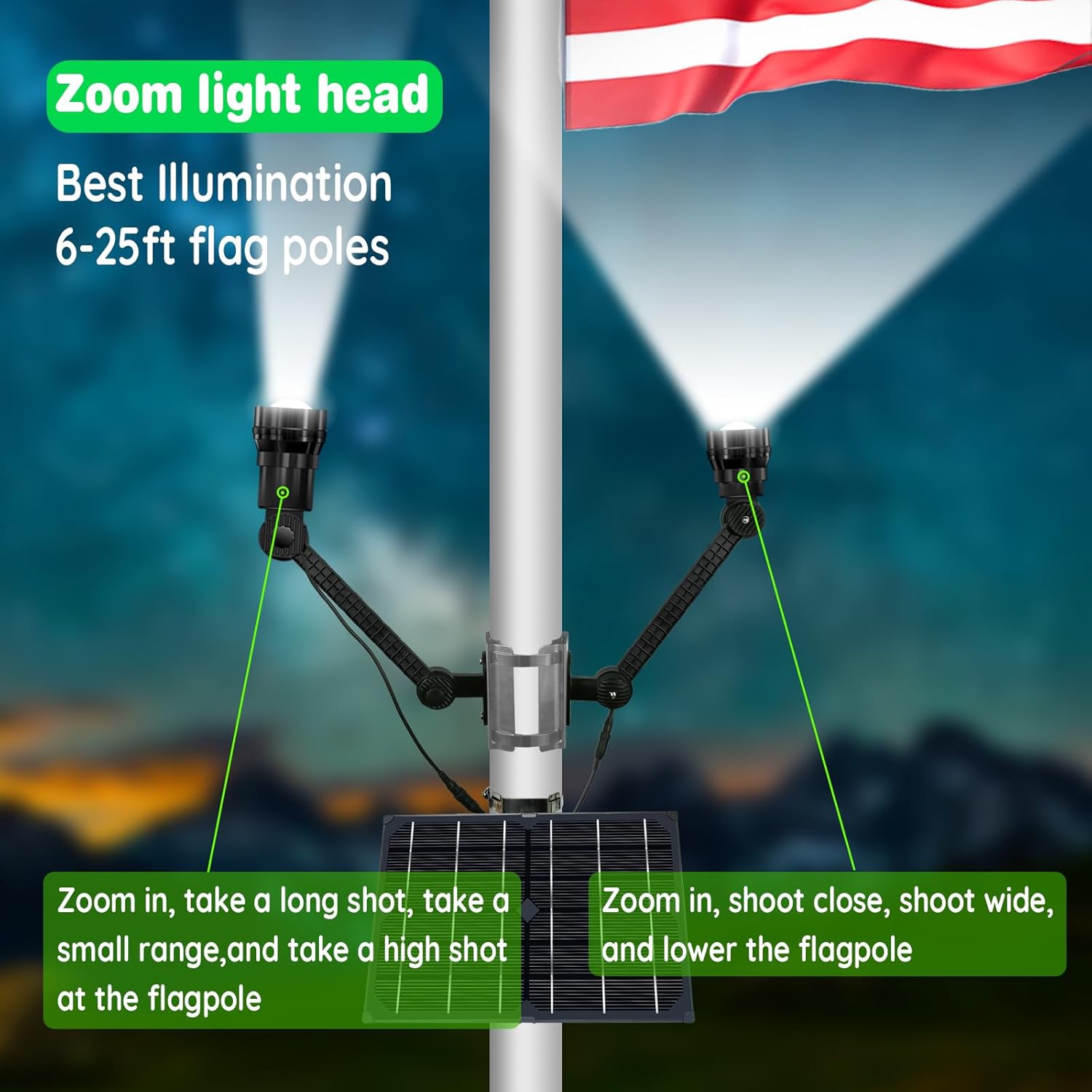 Flag Pole Solar Light 2999lums Zoomable Solar Flag Light fit 15 to 40 Ft Flag Poles,12000Mah America Flag Light Outdoor Dusk to Dawn