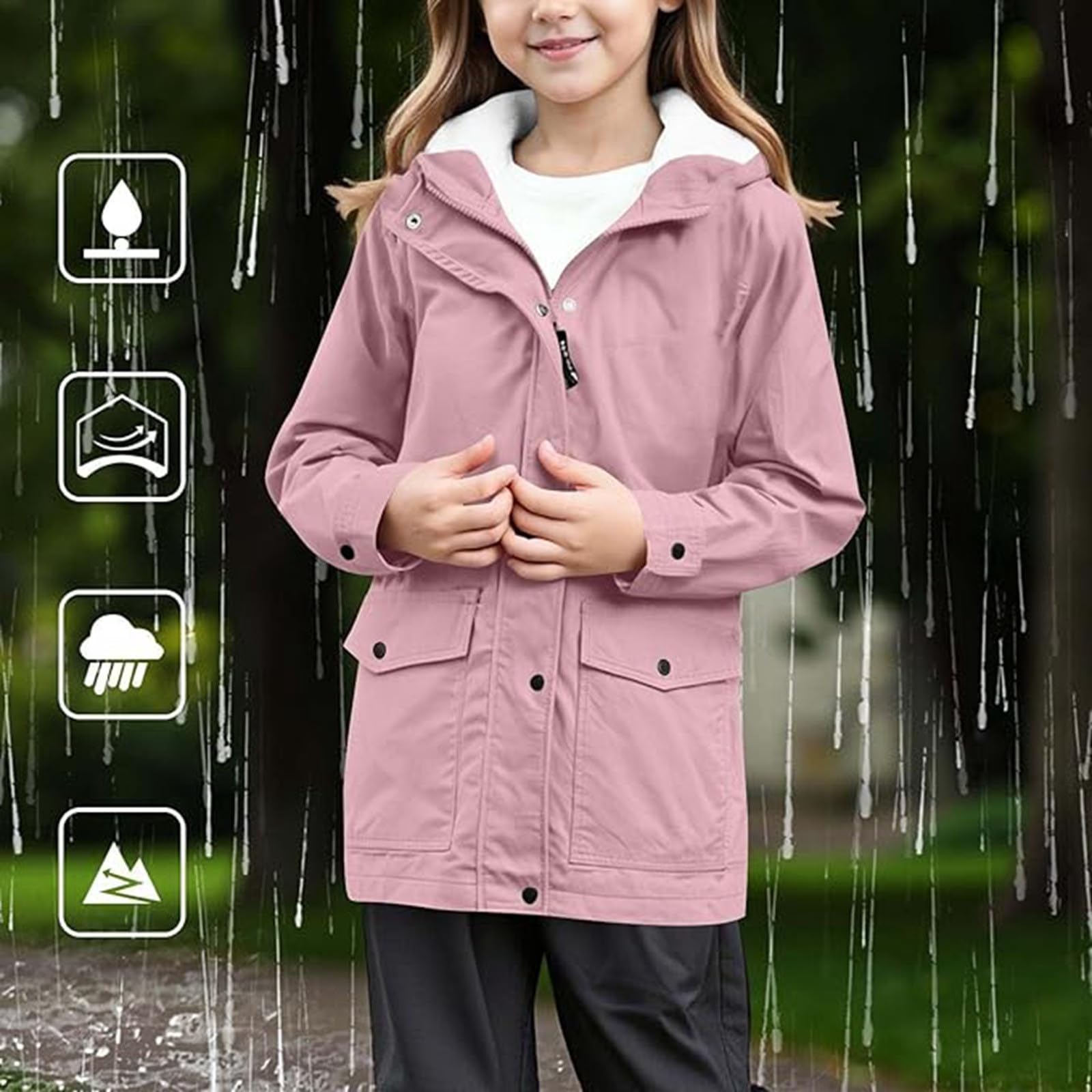 Kinder Regenjacke wasserdicht Jungen und Mädchen ultraleichte Windbreaker Übergangsjacke Atmungsaktiv Softshelljacke Mit Kapuze Und Taschen Reißverschluss Verstellbare Regenmantel Für Schule Camping