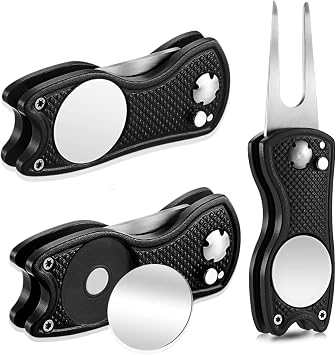 Golf Divot Repair Tool with Magnetic Golf Ball Marker 2 Pack - Push Button Design to Easily Open Divot Fork, Golf Accesories for Men and Women