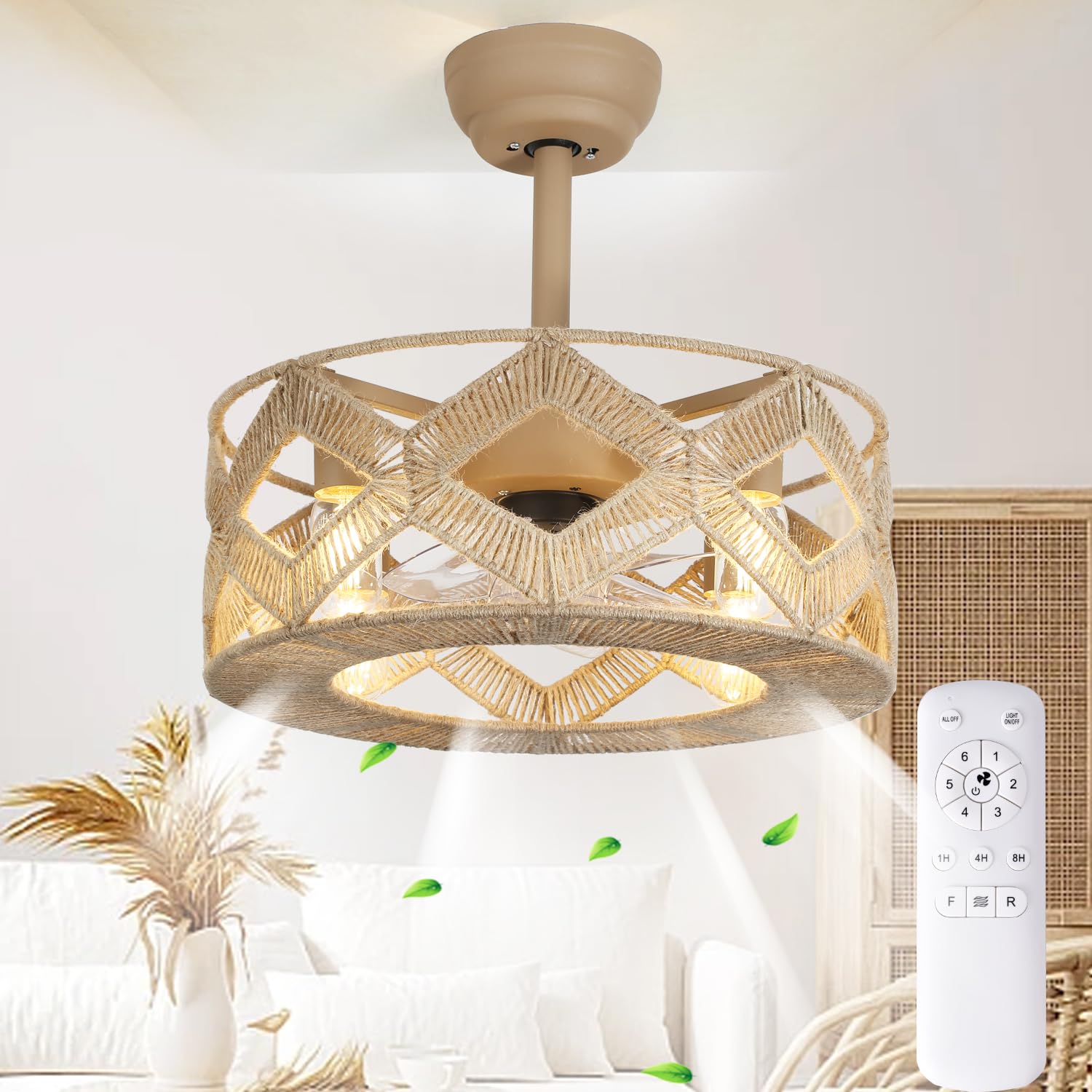 Ayaoty 20in Rattan Ceiling Fan with Light, Boho Cage Bladeless Flush Mount Retro Fandelier with ...