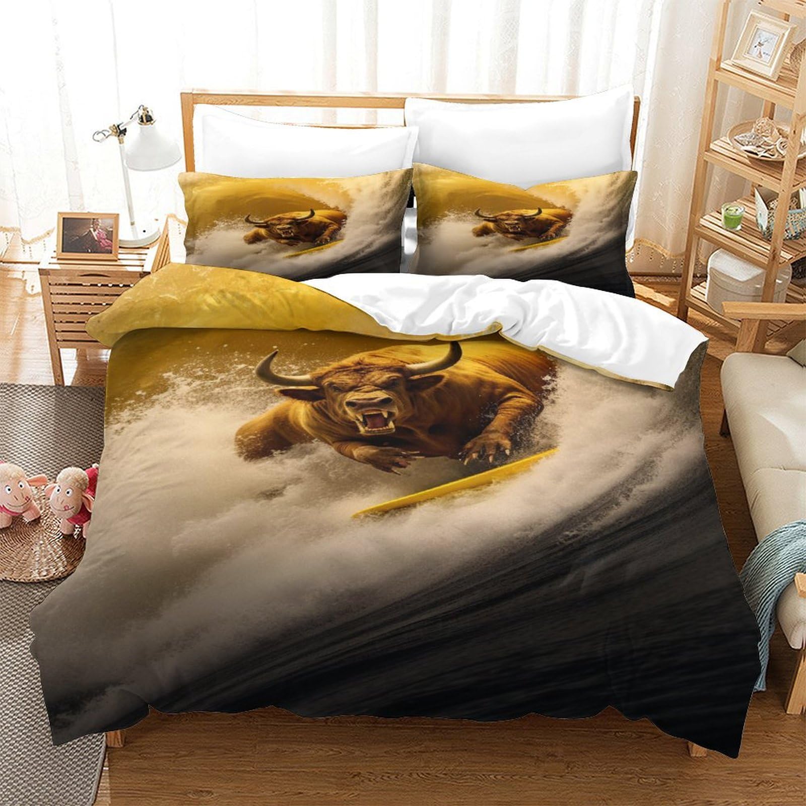 P1S9U7W5Y Dynamic Bull Pattern 3D Printed Microfiber 3 Piece Duvet Cover Set for Adults Bedroom Decor Wild Bull Bedding Set Double（200x200cm）