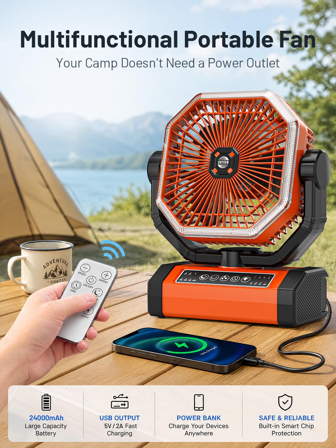 Ventilatore alimentato a batteria, 22,9 cm, ricaricabile, portatile, 24000 mAh (60 ore), ventilatore da campeggio per tenda, oscillazione automatica senza fili, ventilatore da campeggio con