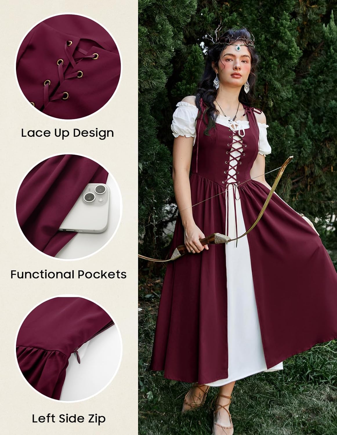 SCARLET DARKNESS Renaissance Costume Women Peasant Medieval Dress Short Sleeve Maxi Fairy Dresses with Pockets - Image 4