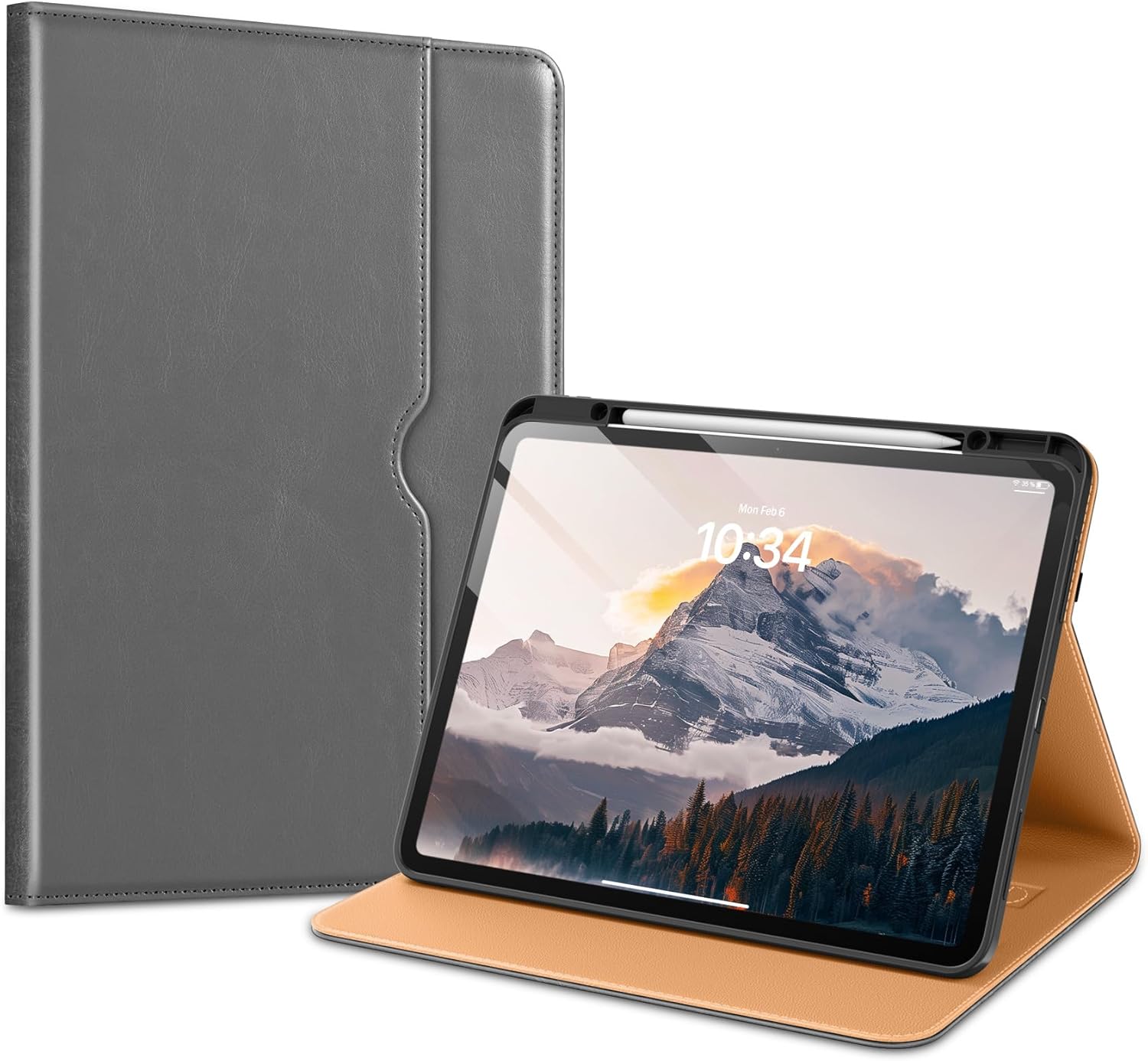 VIKESI Case for iPad Pro 13-inch M5 or M4 Released in 2025 or 2024, Leather Stand Cover with Apple Pencil Holder, Auto Wake/Sleep, Multiple Viewing Angles, Built in Hand Strap & Pocket,Grey