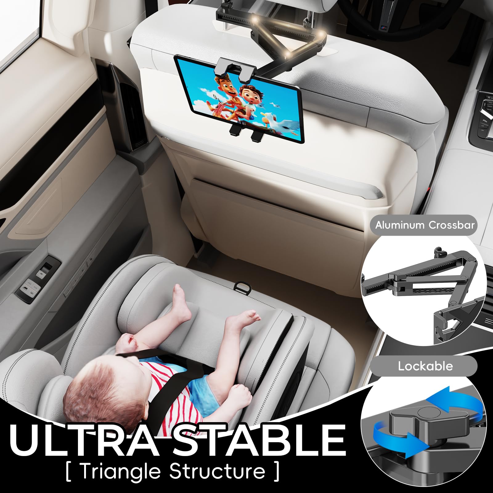 Uchwyt na tablet na zagłówek samochodowy [trójkątne ramię przedłużające 3 w 1] uchwyt samochodowy na tylne siedzenie Road Trip Essentials dla dzieci, uchwyt samochodowy na iPada do tabletów i