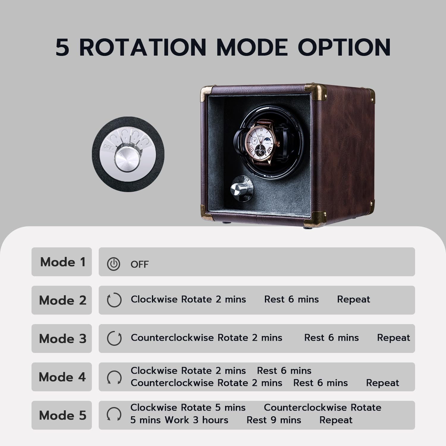 Mcbazel Boîte de Remontoir Automatique pour Montre Unique - Rotation Bidirectionnelle Silencieuse en Cuir PU - 5 Modes avec Éclairage LED - Boîte de Rangement
