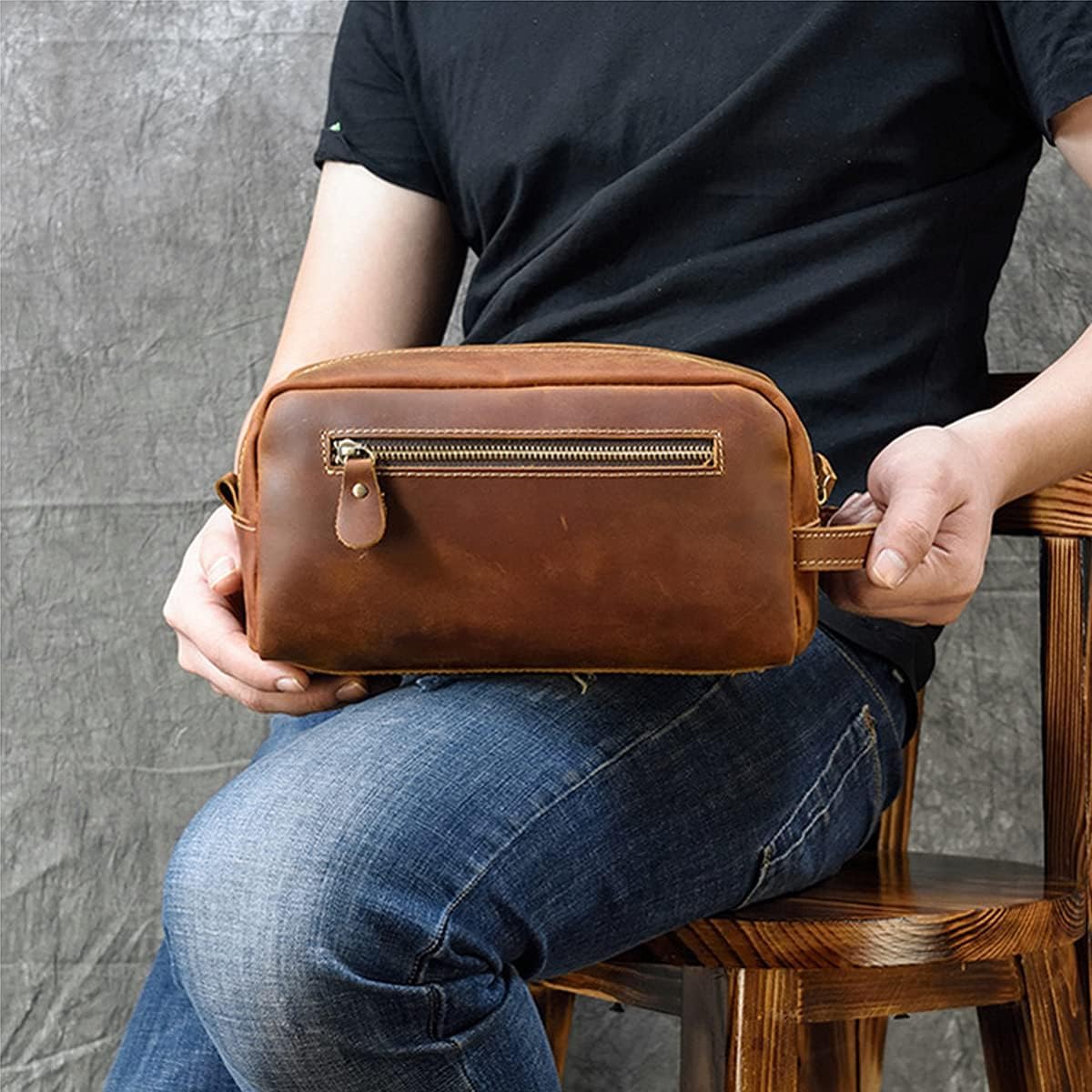 Borsa da toeletta in pelle personalizzata per uomo Kit da barba Dopp da viaggio, grandi borse cosmetiche da toeletta organizer da bagno, Marrone, Large