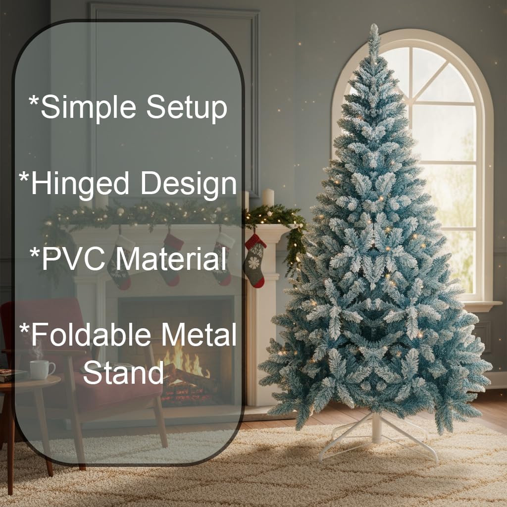 Sapin de Noël Artificiel floqué Bleu de 2,1 m avec Support en métal Pliable 1084 Branches articulées pour décoration de Maison