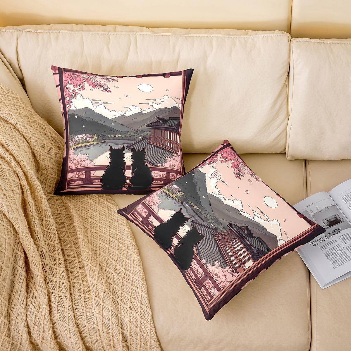 Manfei Japanese Cat Cushion Cases 18X18 Set of 2 Cherry Blossom View Throw Pillow Covers Mountain Anime Aesthetic Cushion Covers for Kids Decorative Pillowcases Soft Pillows Covers Pink Gray image 2