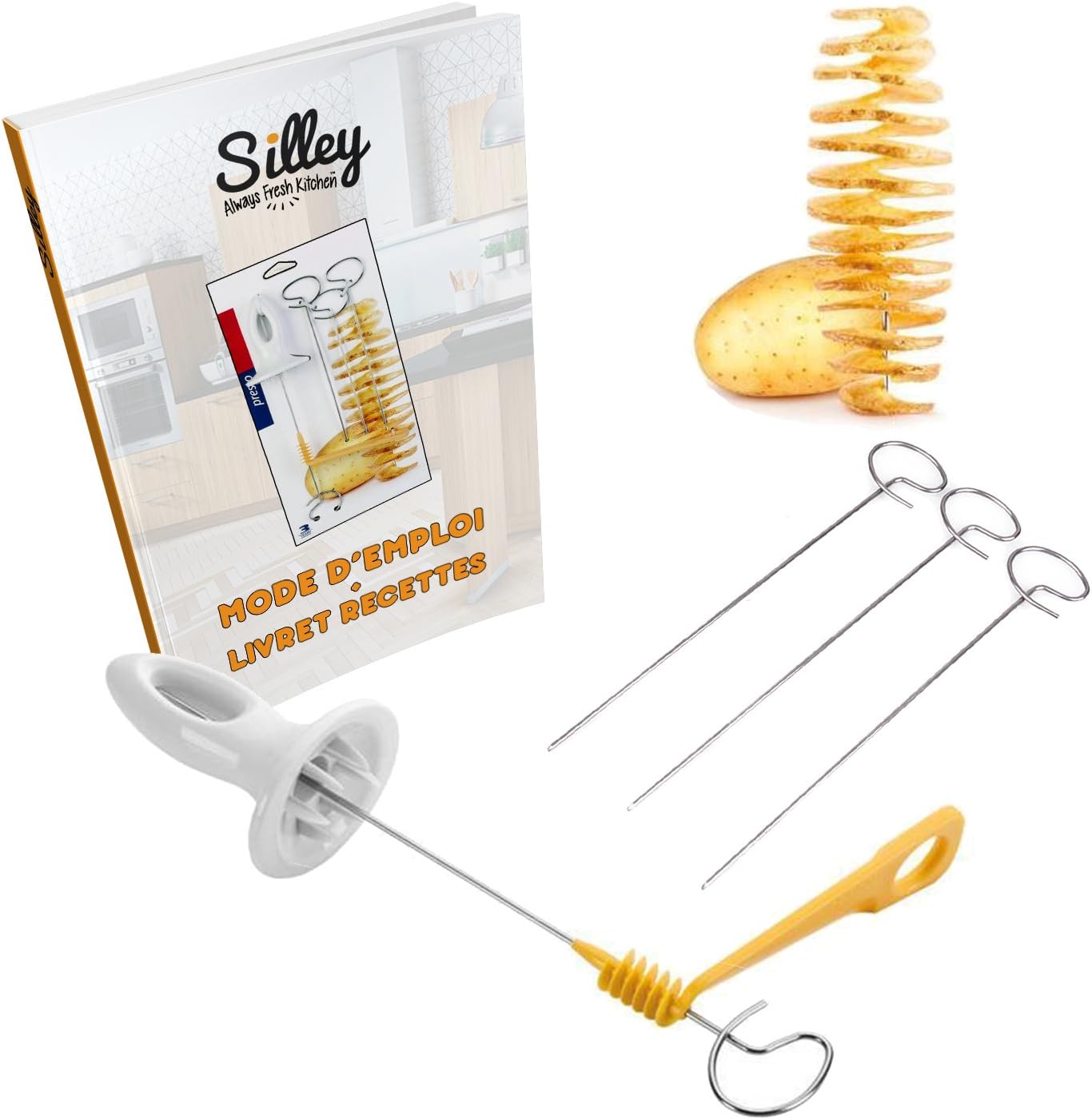 [New 2017] Silley® Potato Spiral ★ Spiral potato slicer + 4 tools - Baked / Fryer / Stove - Spiral-shaped cookie cutter for potato, cucumber, ... Vegetables – Retail Packaging Perfect for a gift